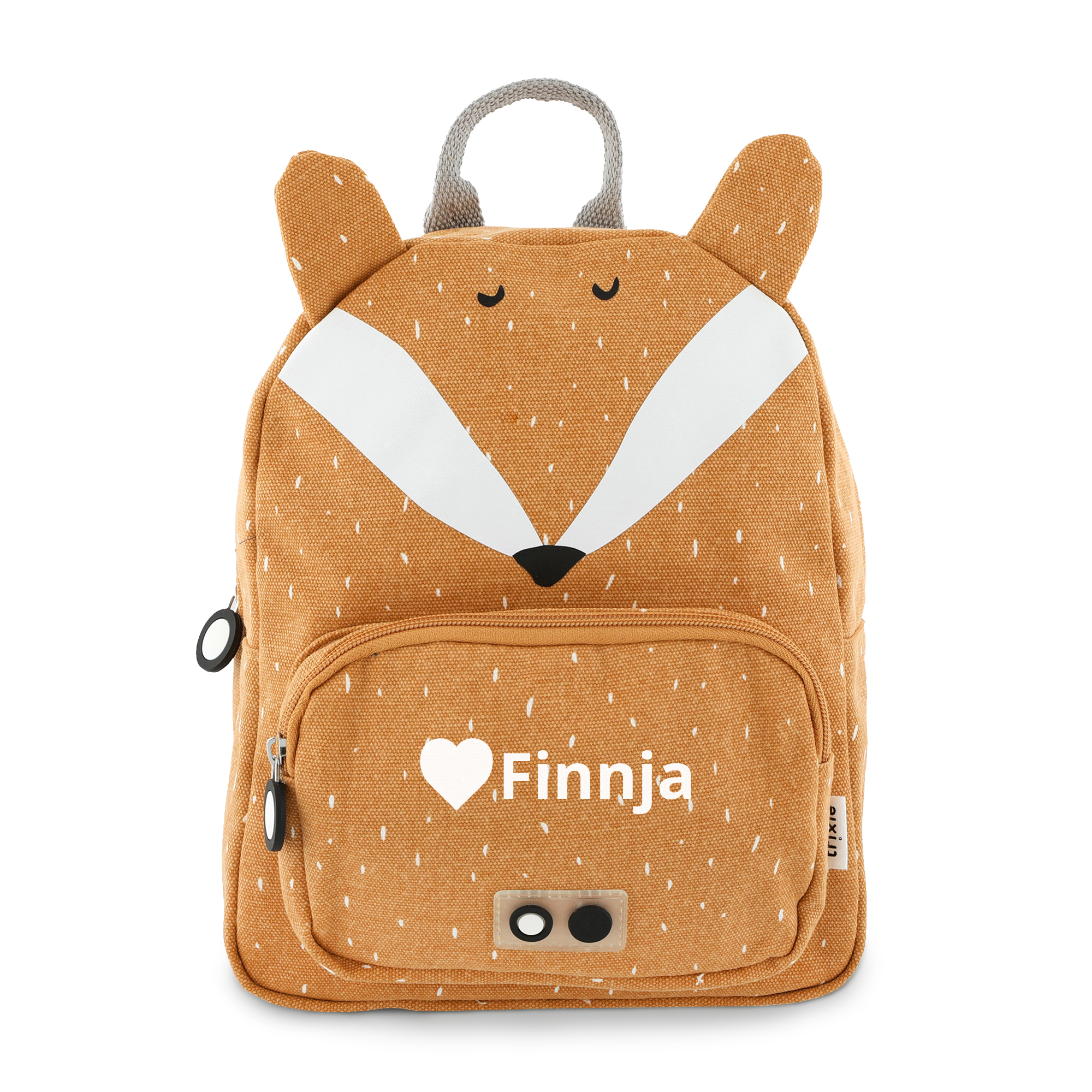 Brauner Fuchs Kindergartenrucksack mit Namen Finnja und Herz auf Vordertasche gedruckt, mit Ohren und Augen.