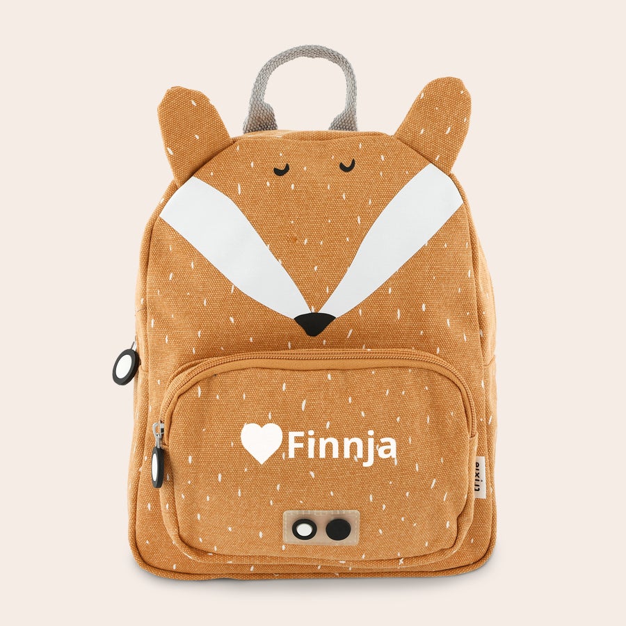 Kindergartenrucksack mit Namen - Trixie Brauner Fuchs Kindergartenrucksack mit Namen Finnja und Herz auf Vordertasche gedruckt, mit Ohren und Augen.