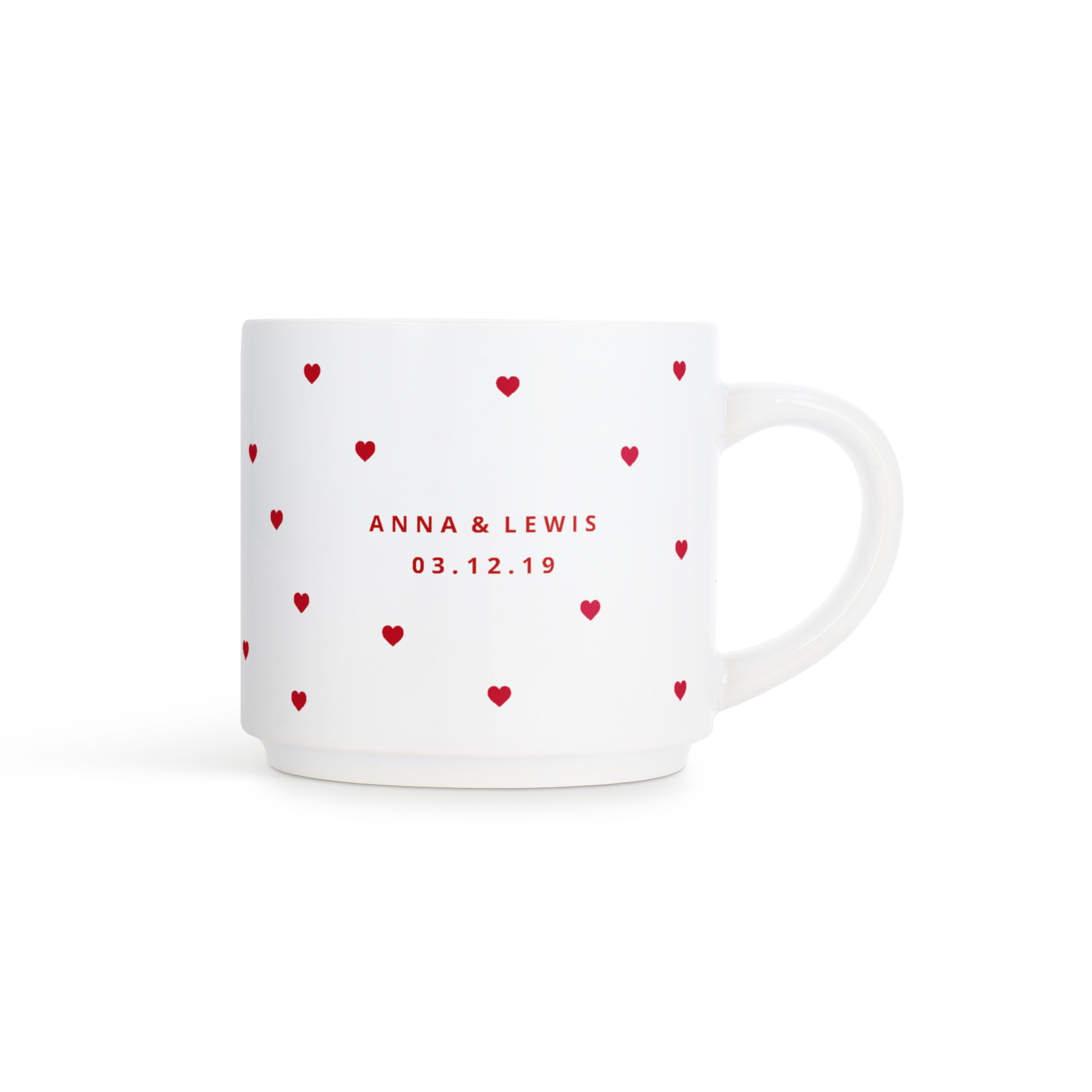 White stackable photo mug printed with red hearts and the names Anna & Lewis, and the date 03.12.19