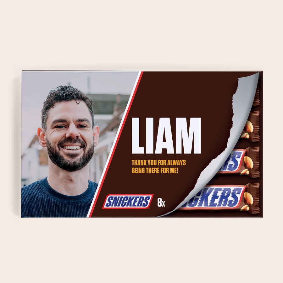 Personalizowany zestaw prezentowy Snickers Spersonalizowane pudełko upominkowe Snickers z nadrukowanym zdjęciem, imieniem Liam i wiadomością