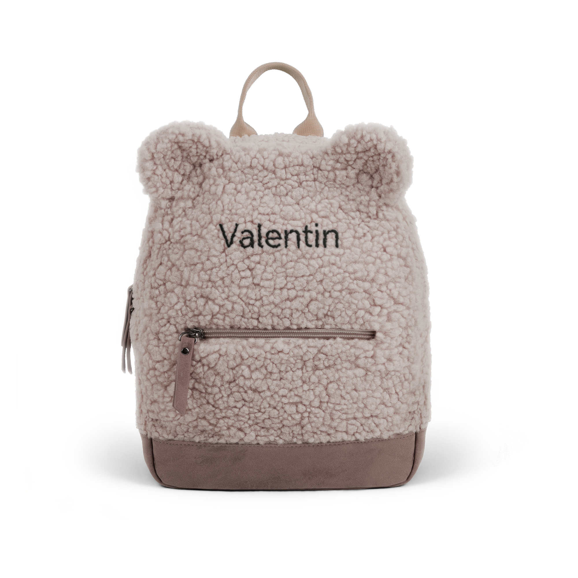 Teddy Rucksack für Kinder in Rosa mit gesticktem Namen Valentin und Reißverschlusstasche