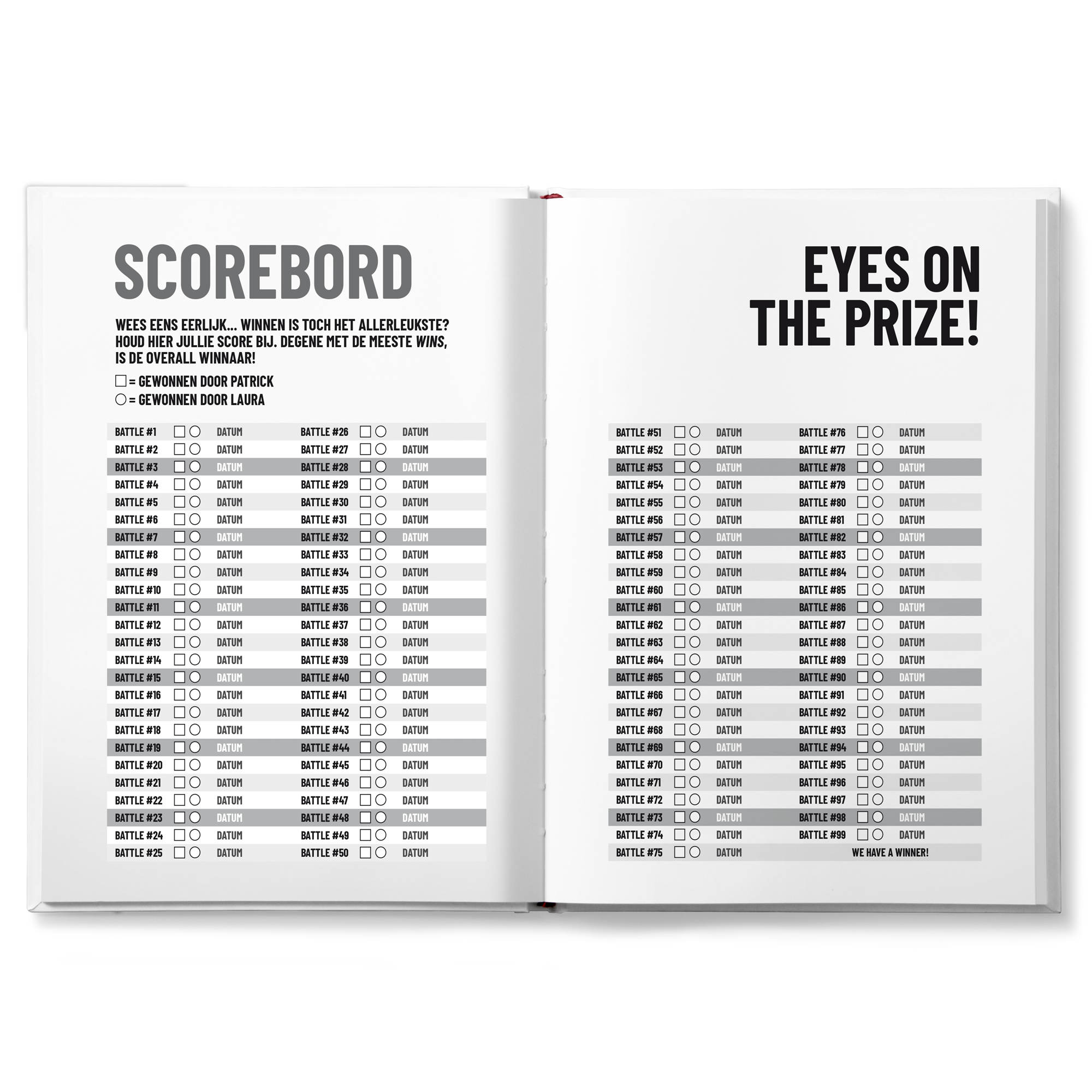 Open Battle boek voor koppels met scorebord en de gepersonaliseerde namen Patrick en Laura.