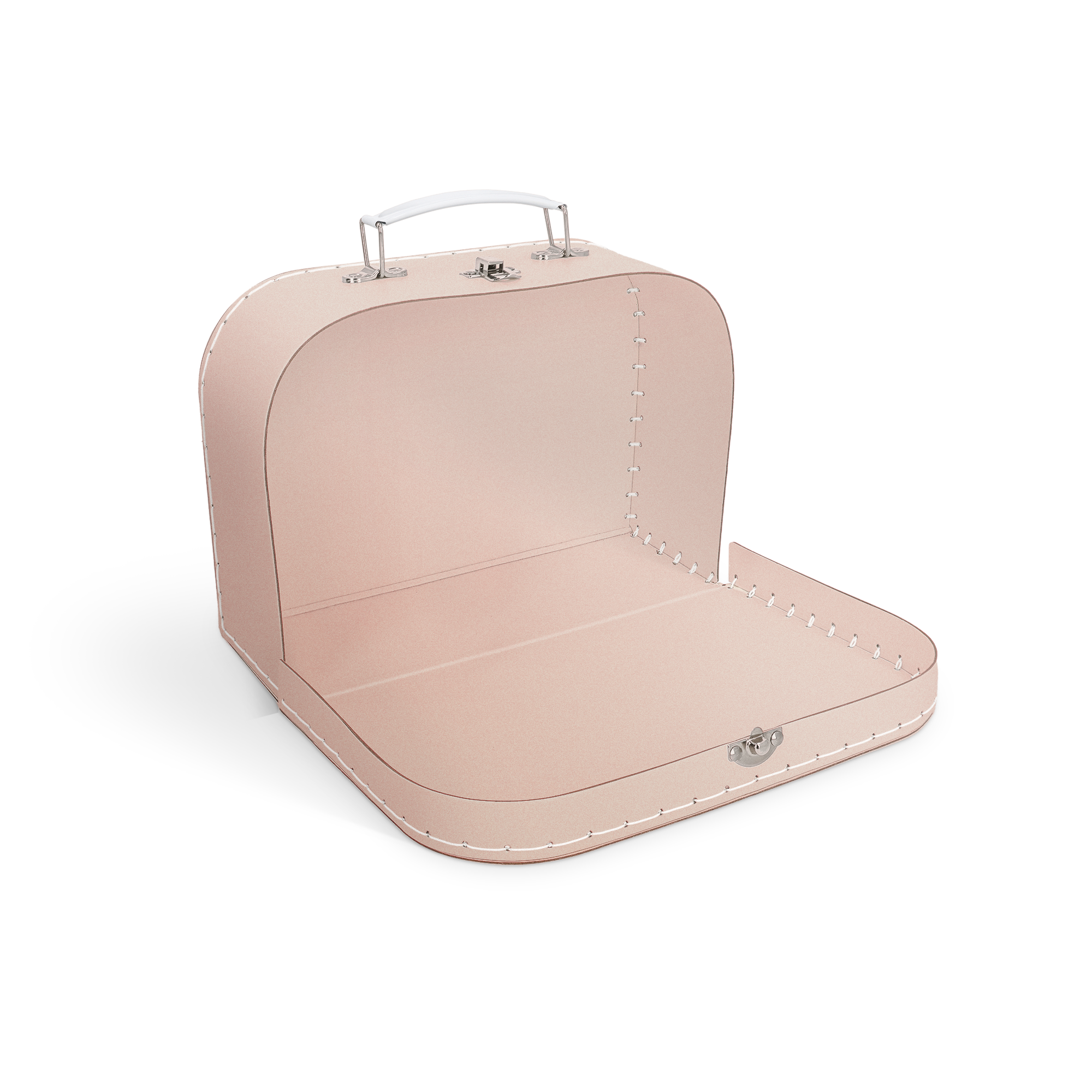 Valisette enfant personnalisable rose medium ouverte, avec poignée blanche et fermoirs métalliques, prête à être personnalisée.