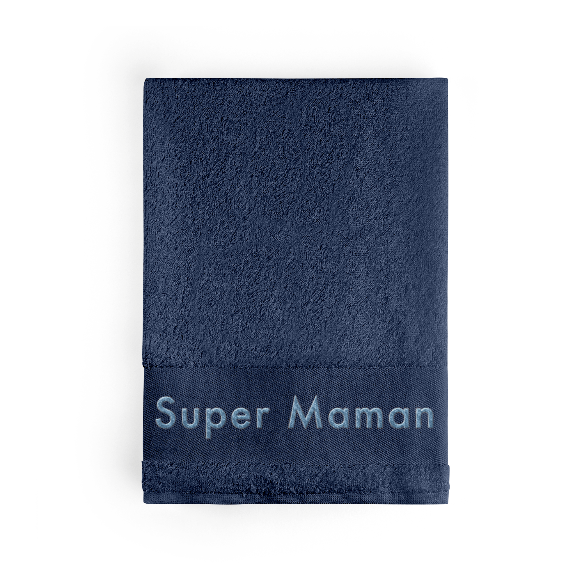 Serviette brodée en bleu marine Super Maman, personnalisable avec un prénom ou un message.