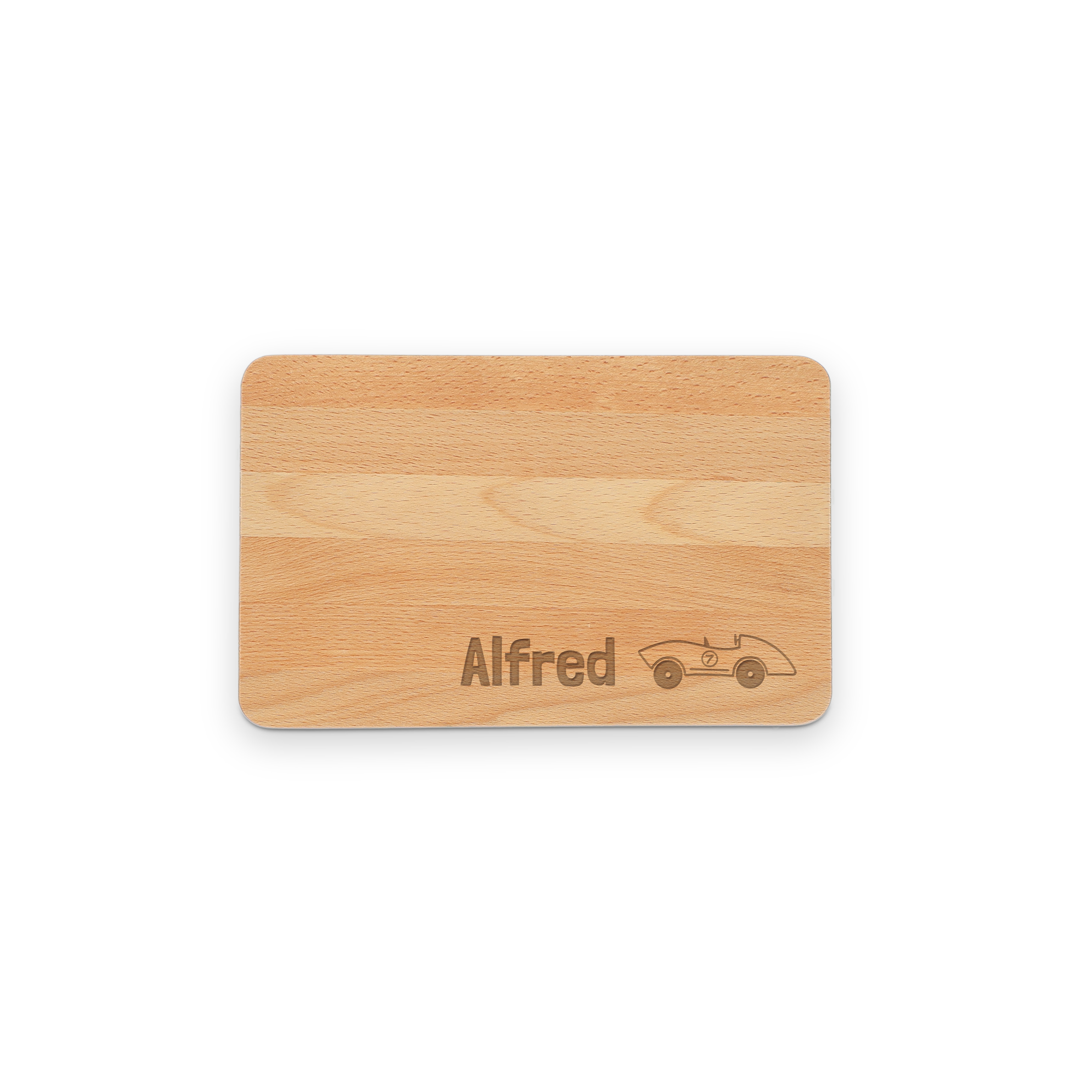 En inristad träbrödskiva med namnet Alfred och en bil är den bästa presenten.