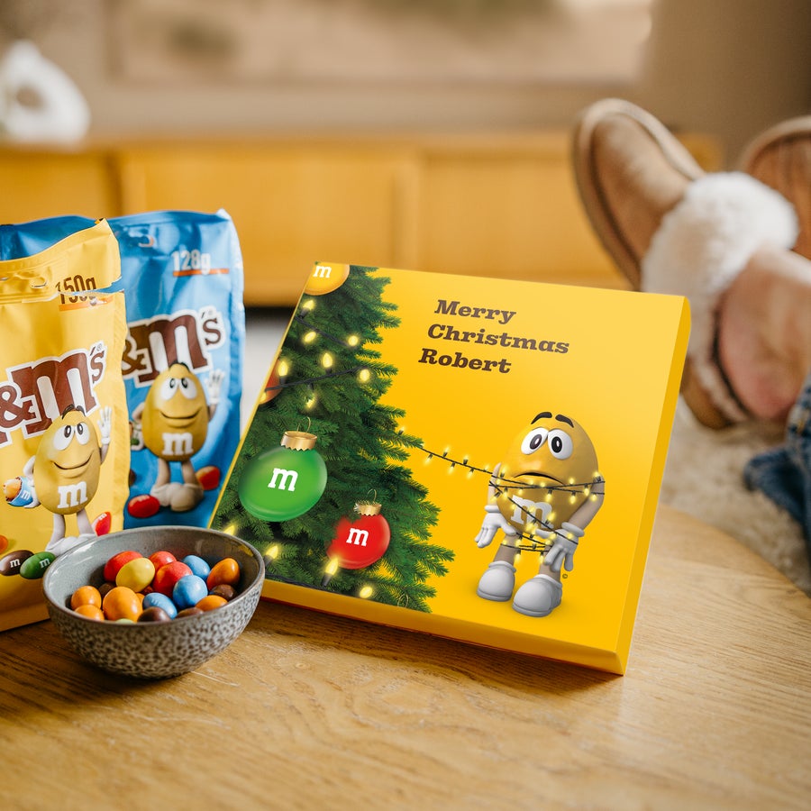 Personalised M&M's Chocolate Gift Box Personalised gift box with M&Ms chocolate, printed with a Christmas tree design and Merry Christmas Robert text.