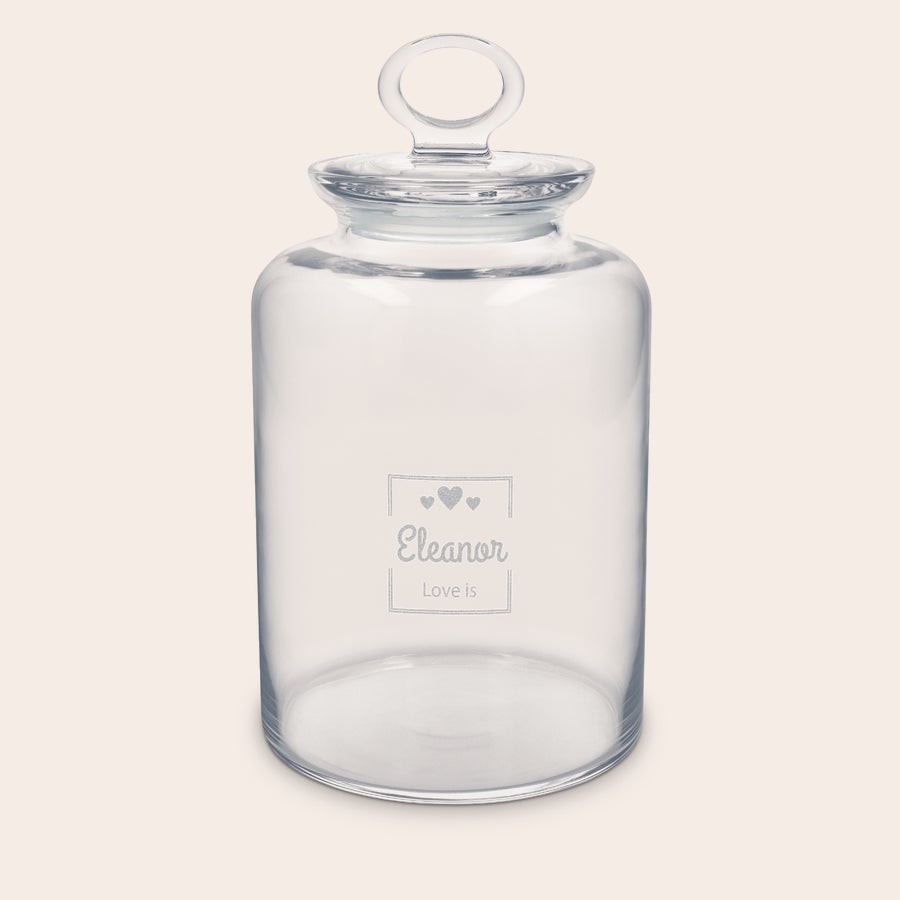 Pote de vidro hermético personalizado gravado Frasco de vidro hermético com o nome Eleanor e a frase Love is gravados, um presente personalizado.