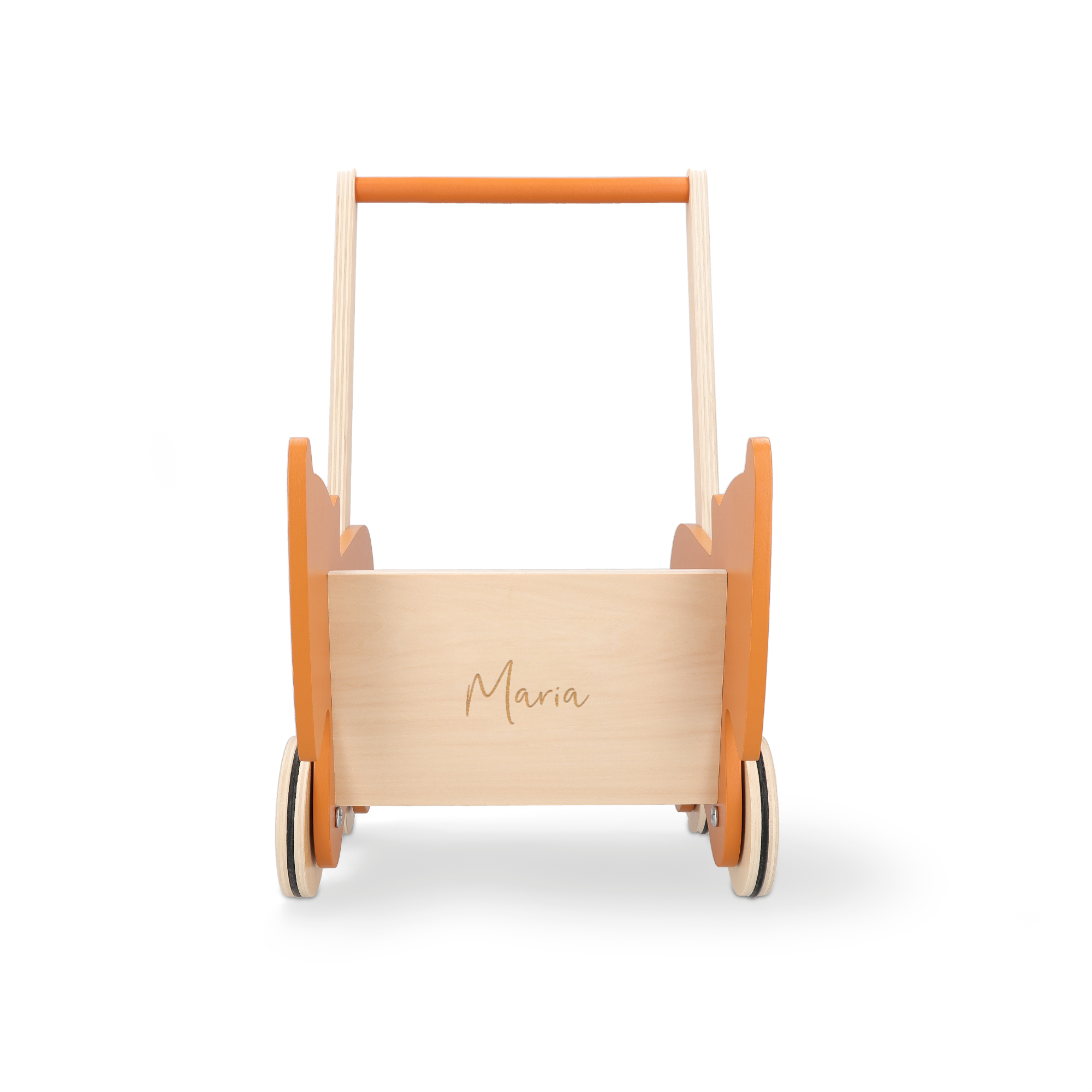 Girello per bambini in legno arancione e naturale con il nome Maria inciso