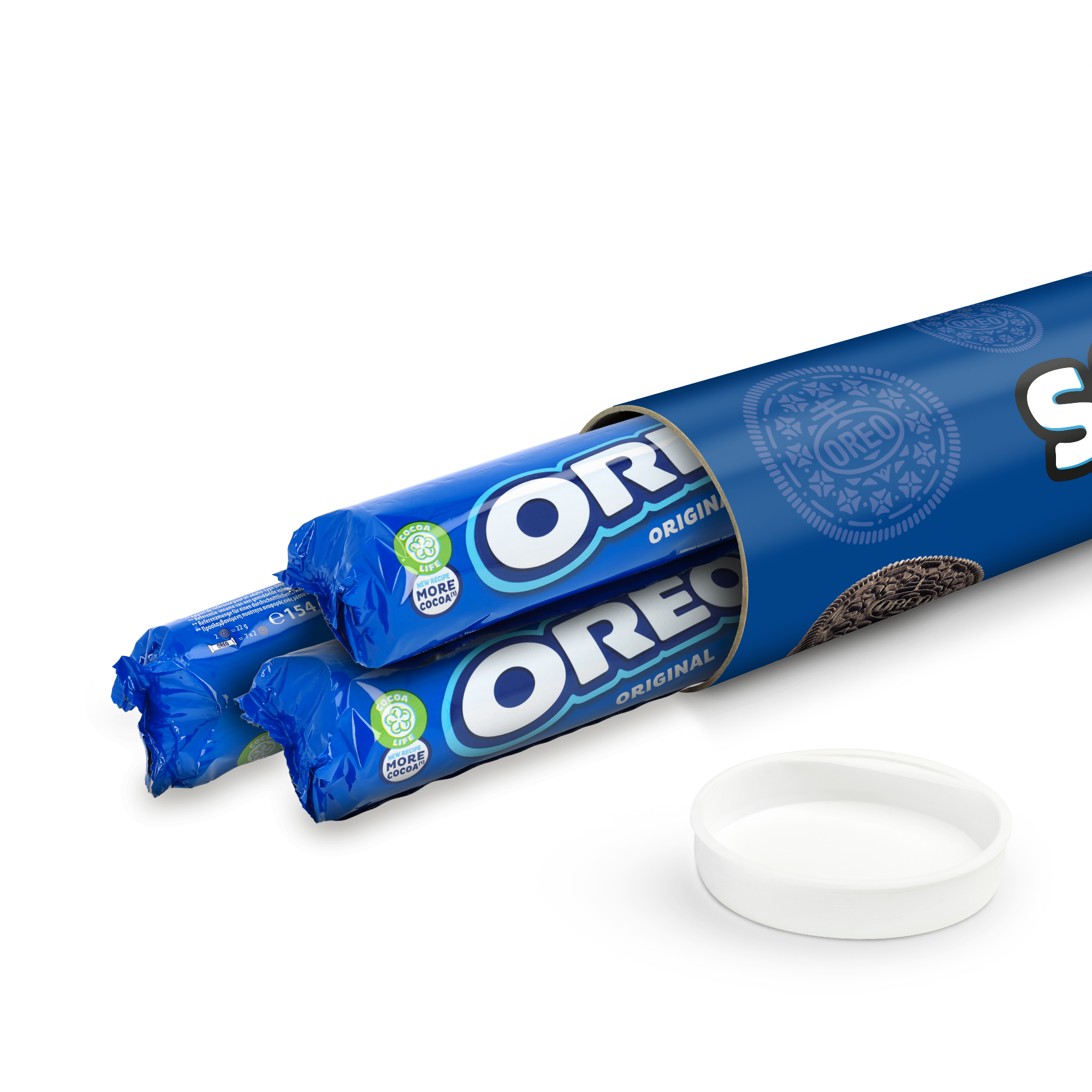 Blått Mega Oreo presentrör med tre Oreo-kexpaket inuti, anpassningsbar med foto och text för att överraska.