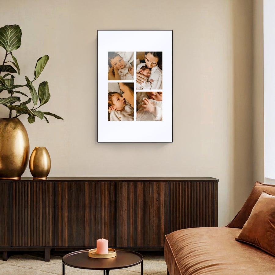 Foto em madeira Painel fotográfico de madeira ChromaLuxe personalizado com 4 fotos de bebê recém-nascido, impresso em cores vibrantes para surpreender.