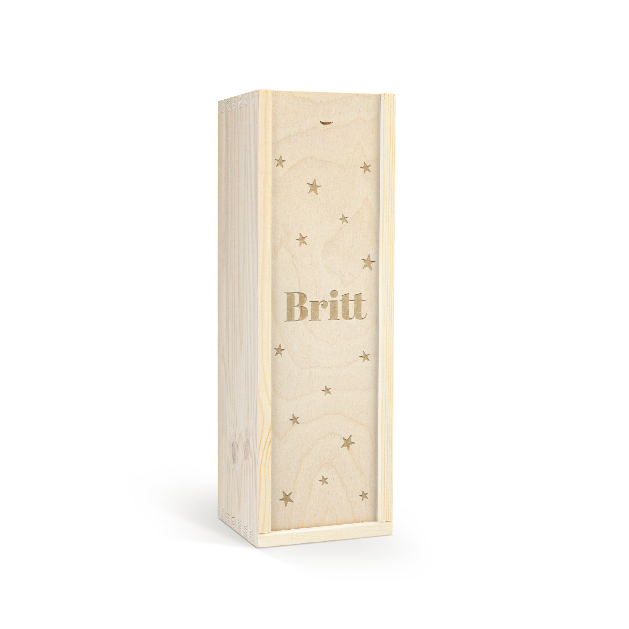 Luxe gegraveerde houten kist met de naam Britt en sterren, voor kinderchampagne om mee te proosten