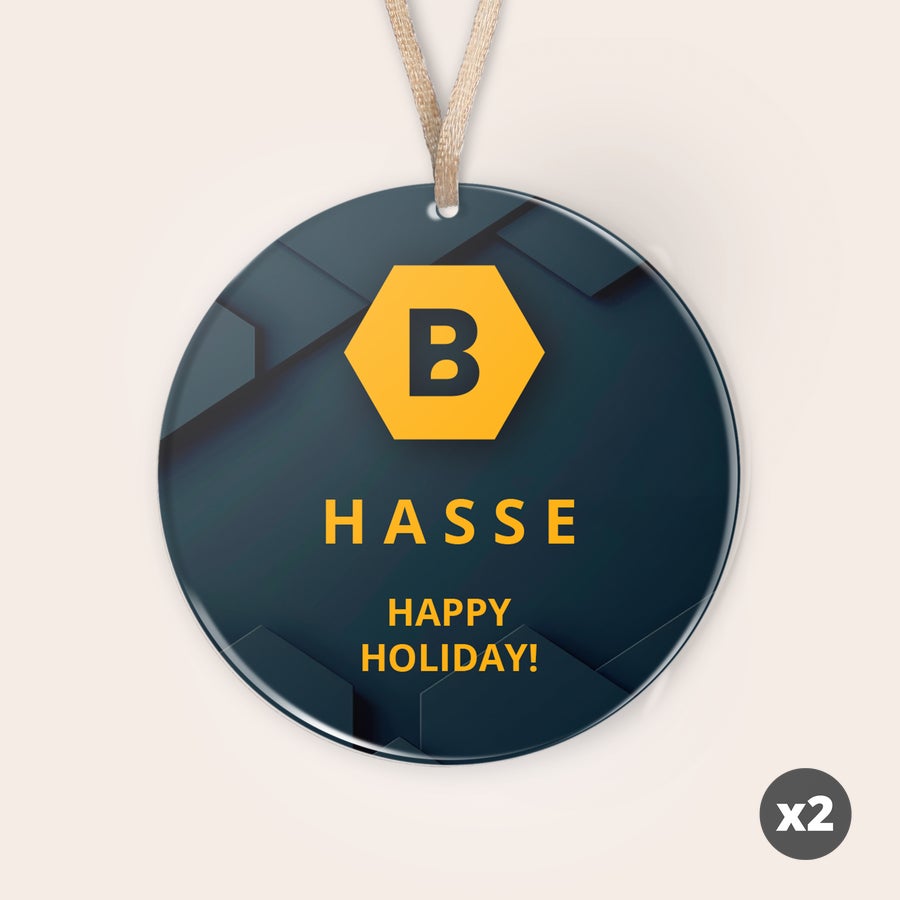 Personliga plexiglas julprydnader Rund personlig juldekoration i plexiglas med UV-tryckt B Hasse Happy Holiday