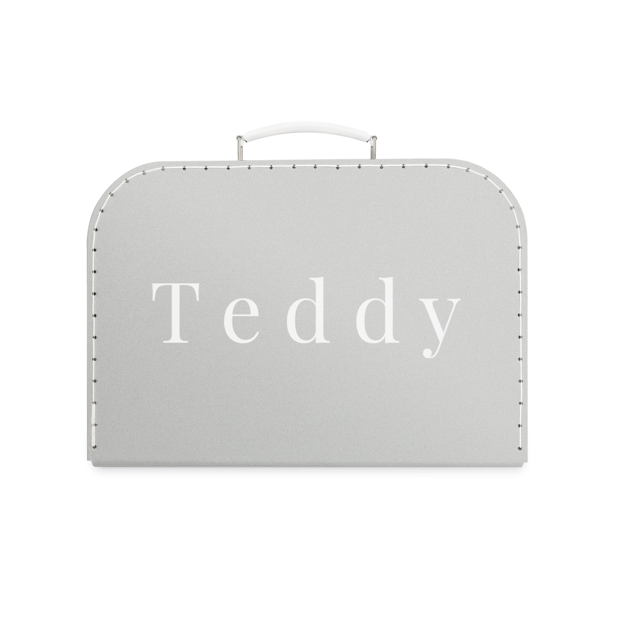 Šedý potištěný kufr na hračky se jménem "Teddy", s bílým uchem a prošívanými okraji