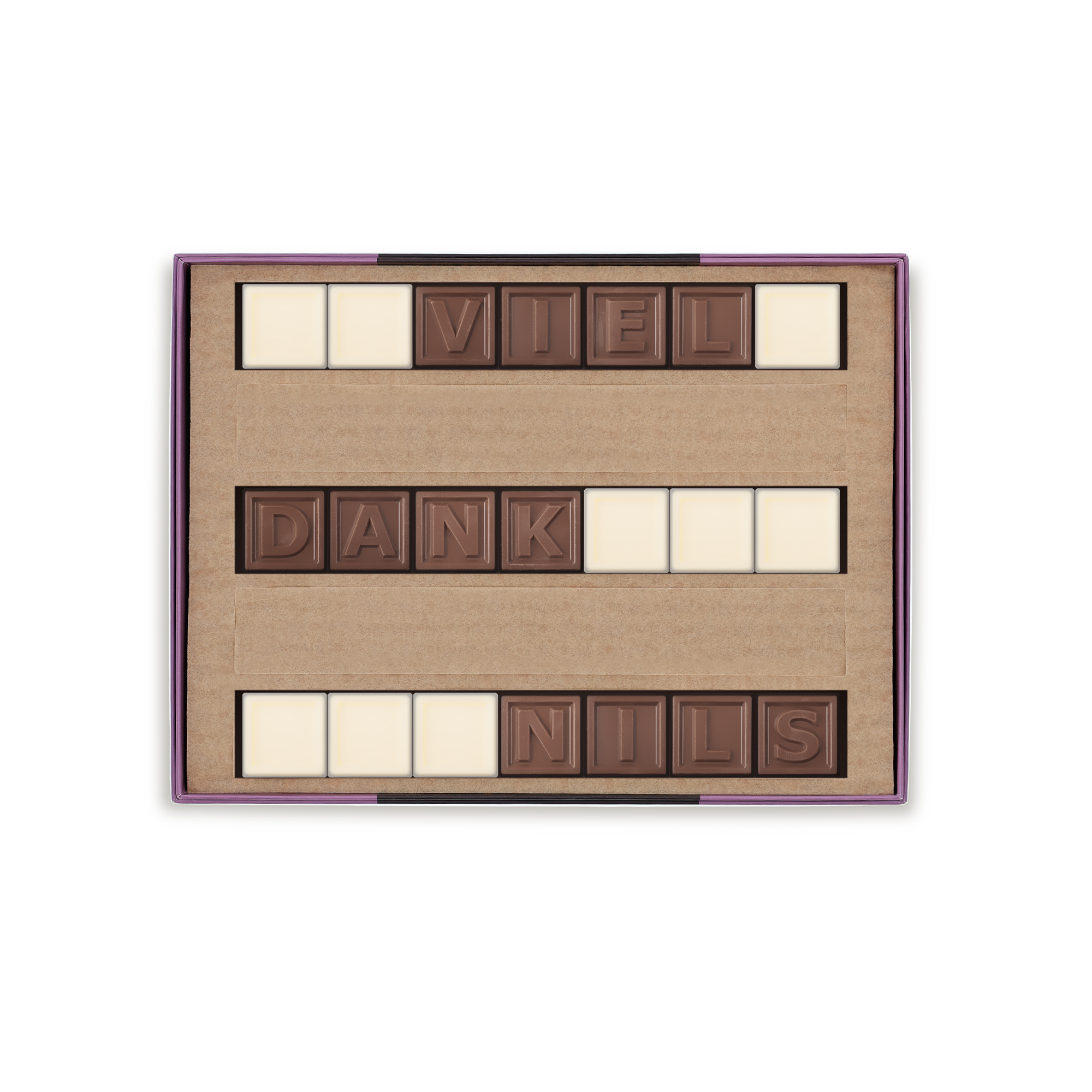 Genieße ein persönliches Schokoladentelegramm mit der Nachricht VIEL DANK NILS aus Milch- und weißer Schokolade