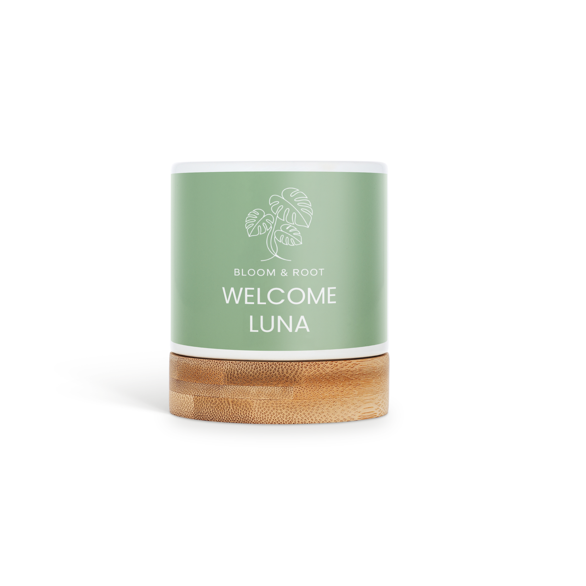 Vaso per piante personalizzato in ceramica bianca e verde, stampato con il testo "WELCOME LUNA", su base in bambù. Regala loro del verde con un tocco personale che apprezzeranno