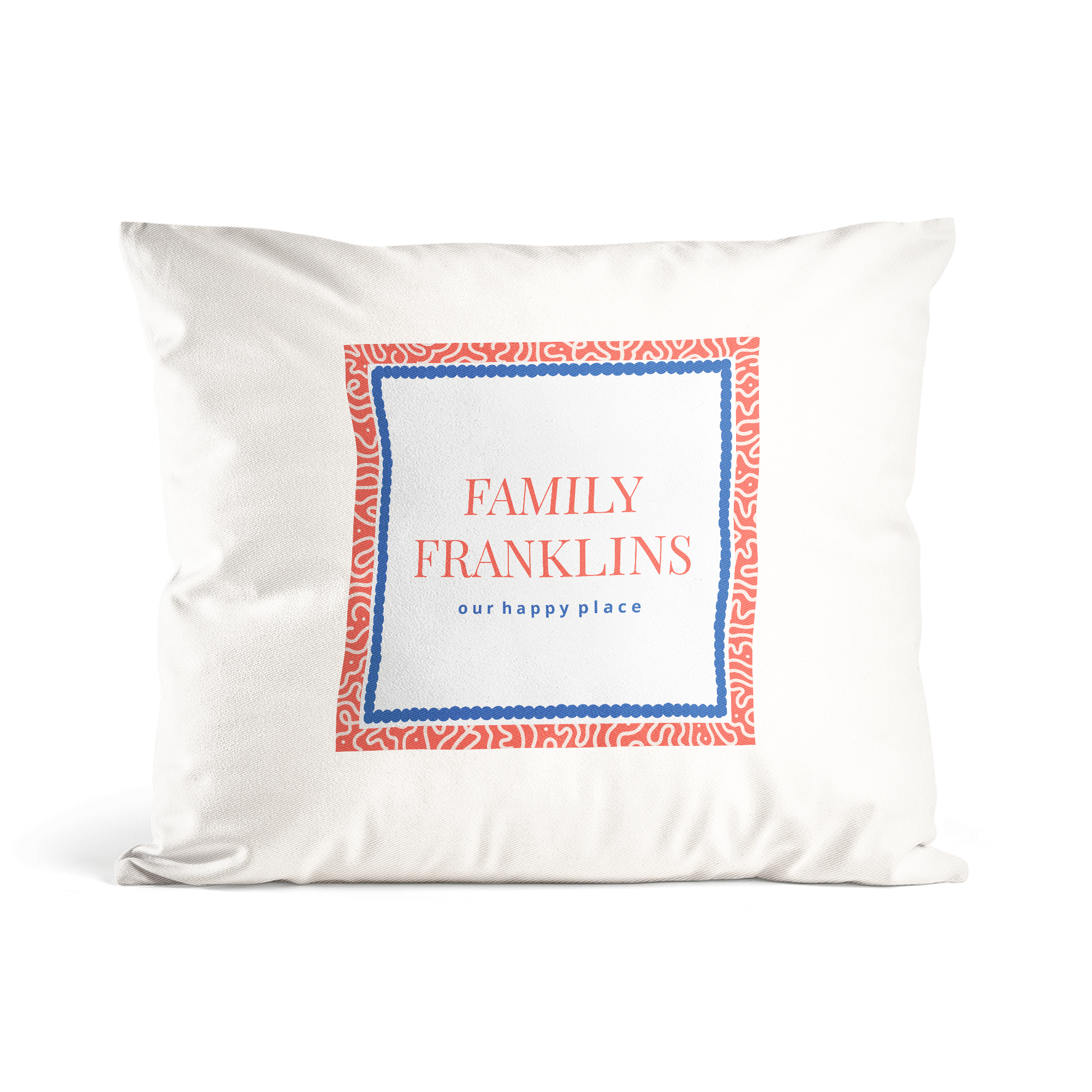 Cojín con foto impreso con marco decorativo azul y rojo, texto "Family Franklins our happy place" personalizado