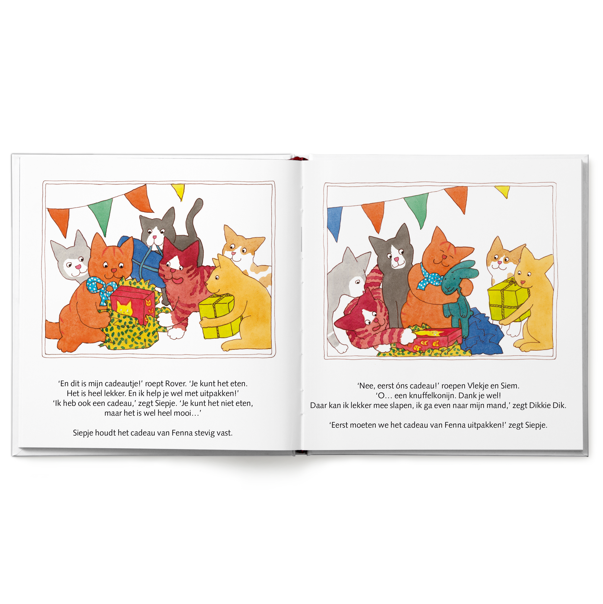 Open Dikkie Dik kinderboek met illustraties van Dikkie Dik en vriendjes die cadeautjes uitpakken, gepersonaliseerd met de naam Fenna.