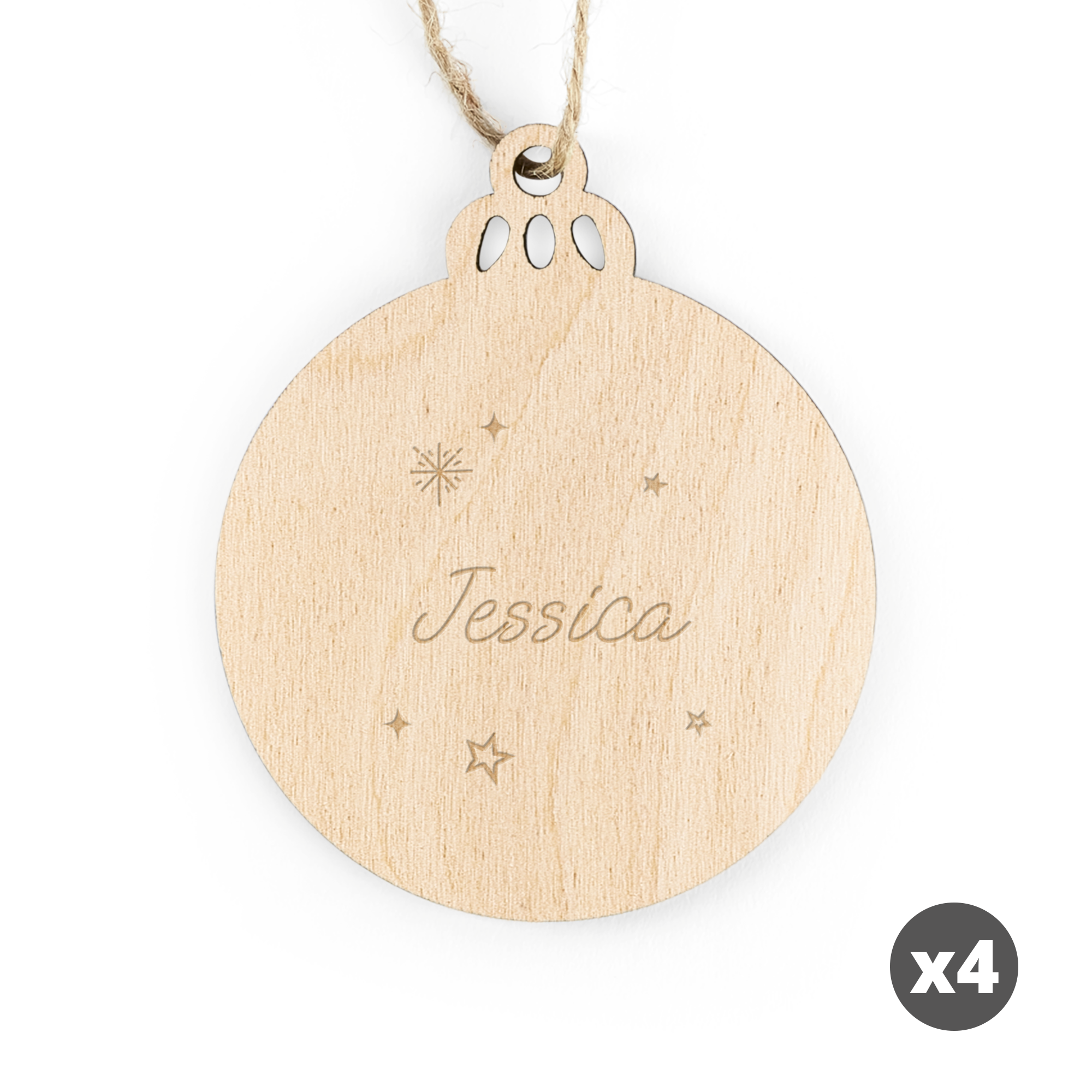Runde Weihnachtsdeko aus Holz mit dem Namen Jessica und Schneeflocken, Sterne Motiven graviert