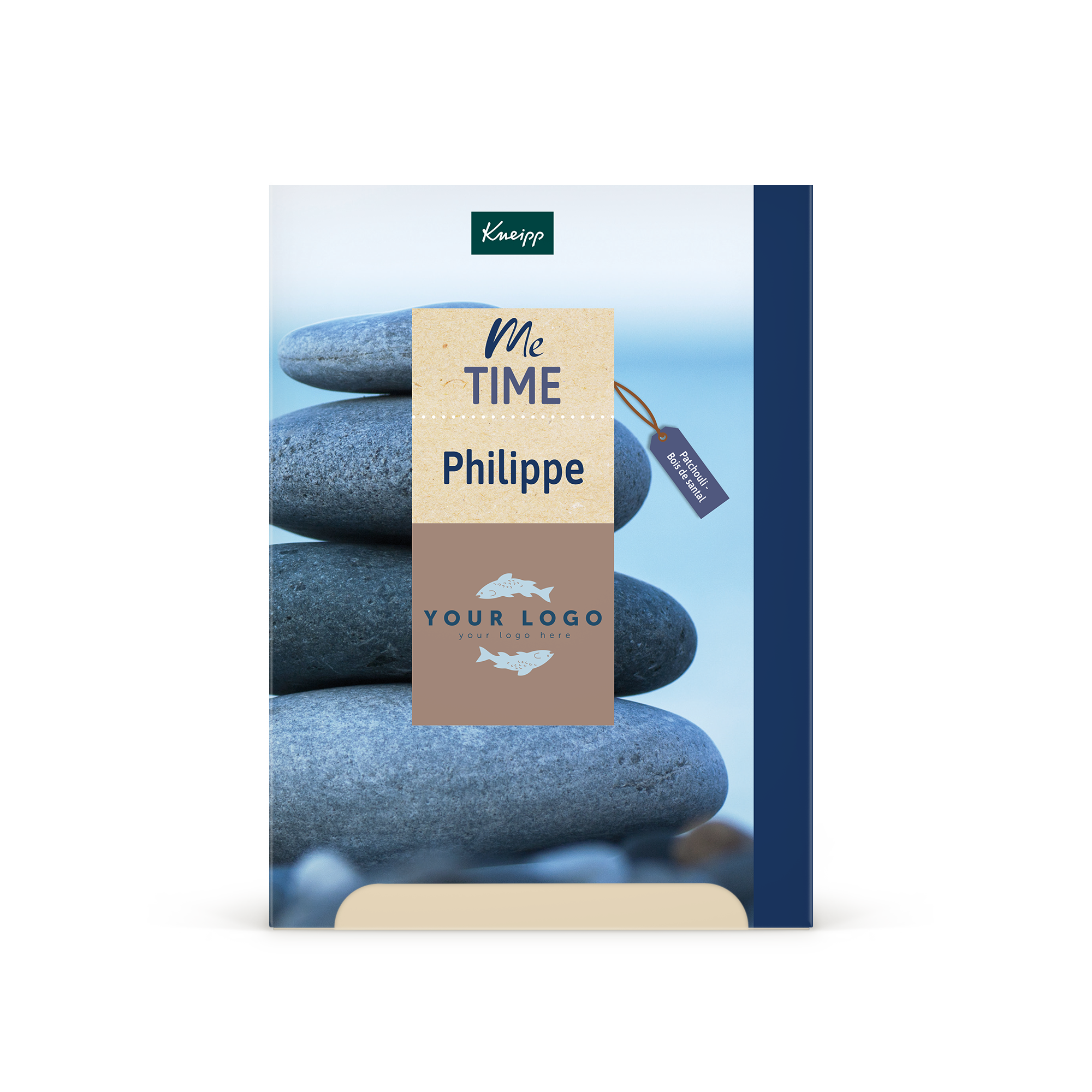 Coffret cadeau Kneipp Me-Time personnalisé avec nom Philippe et logo imprimés. Étiquette Patchouli - Bois de santal.
