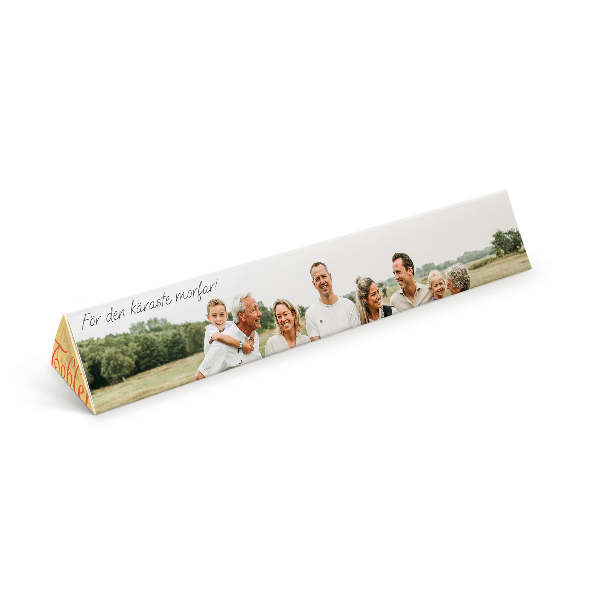 Personaliserad Toblerone med foto och texten "För den käraste morfar!" tryckt på omslaget