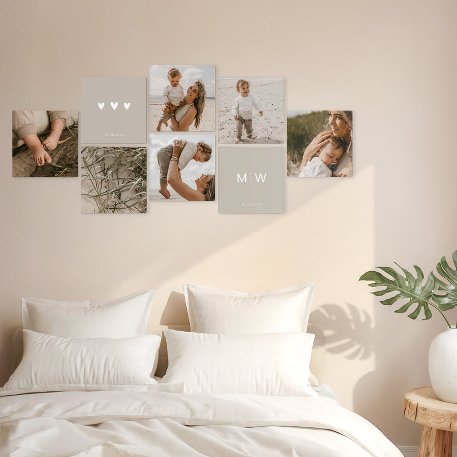 Personalised wall art panels A gallery of printed wooden wall art panels with personalized photos and text decorating a wall