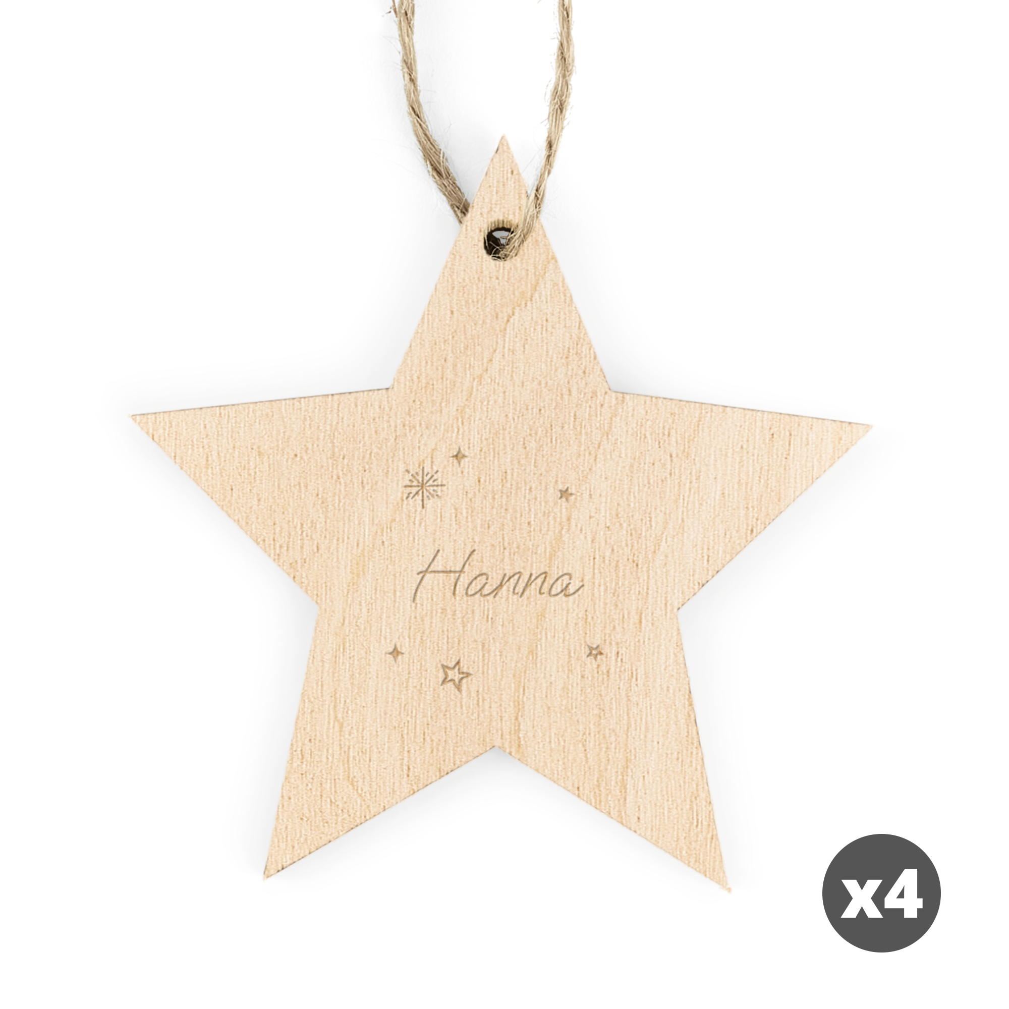 Graverad julstjärna i trä med namnet Hanna och dekorationer, personlig julklapp med valfri text