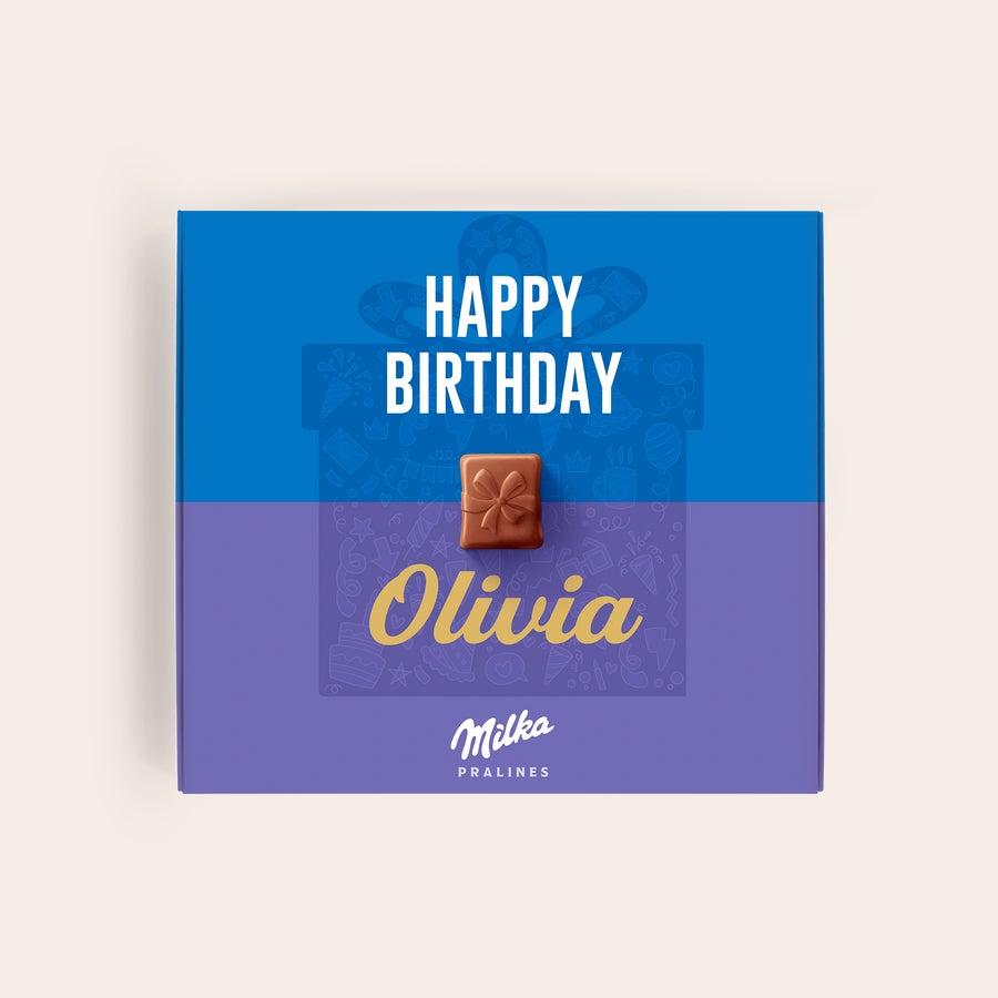 Milka Praliinit Syntymäpäivä Sano hyvää syntymäpäivää henkilökohtaisella Milka-suklaalahjalla Olivia-nimellä painettuna