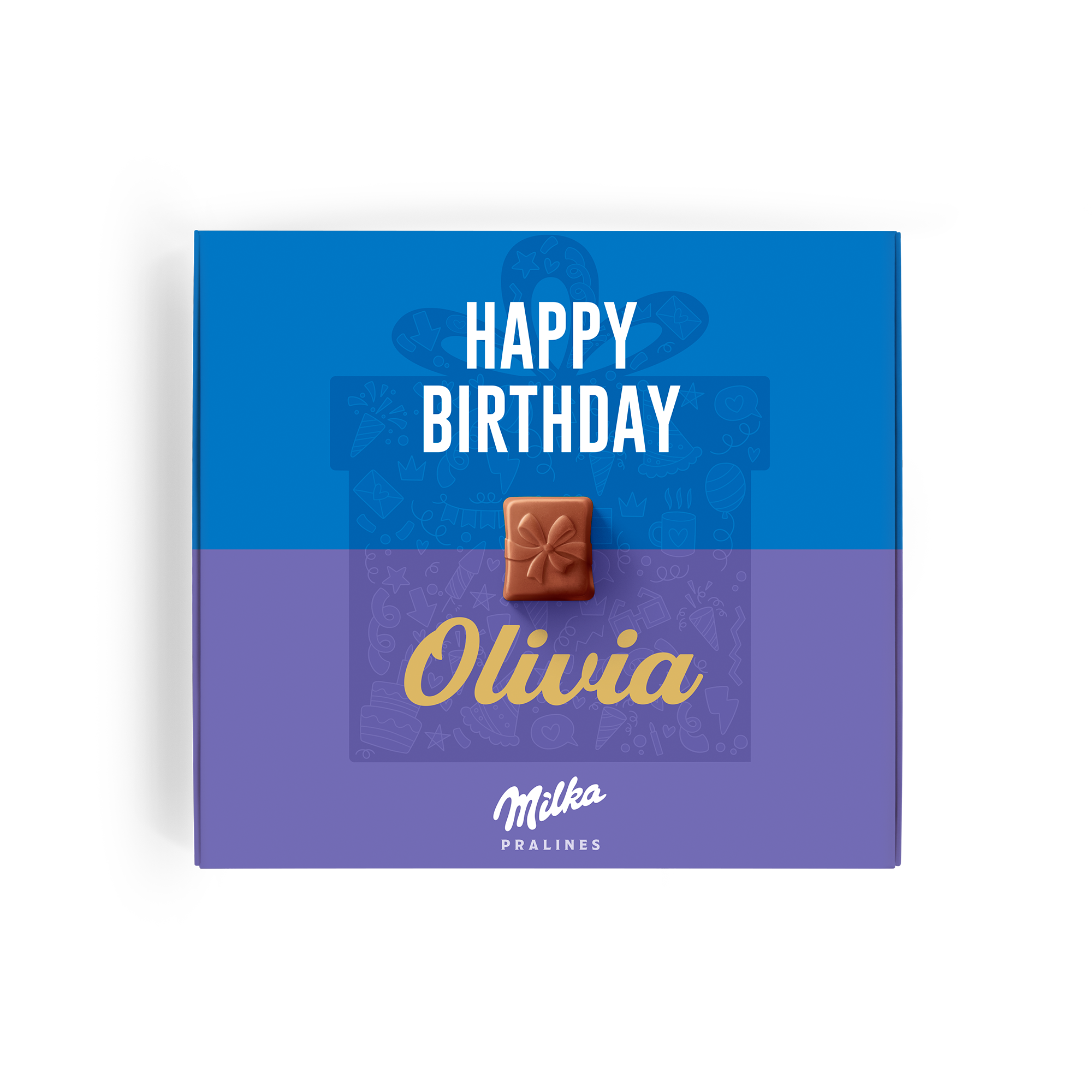 Cutie personalizată de ciocolată Milka, imprimată cu mesajul La mulți ani și numele Olivia