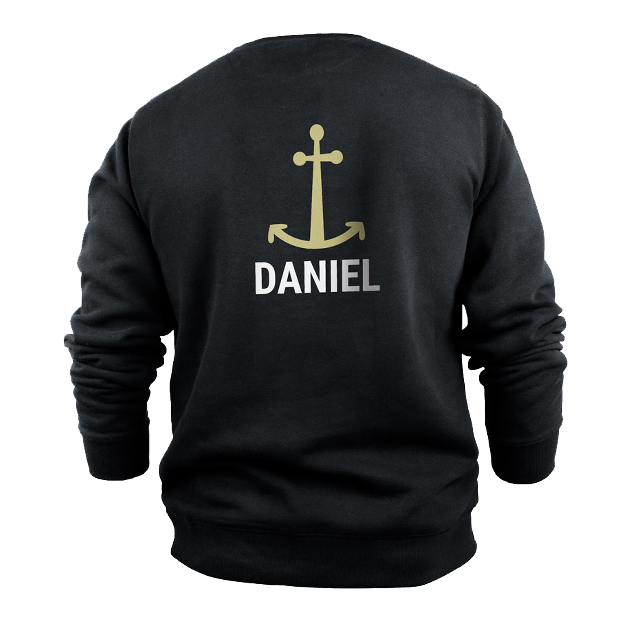 Pulover negru personalizat cu ancora aurie si numele Daniel imprimat.