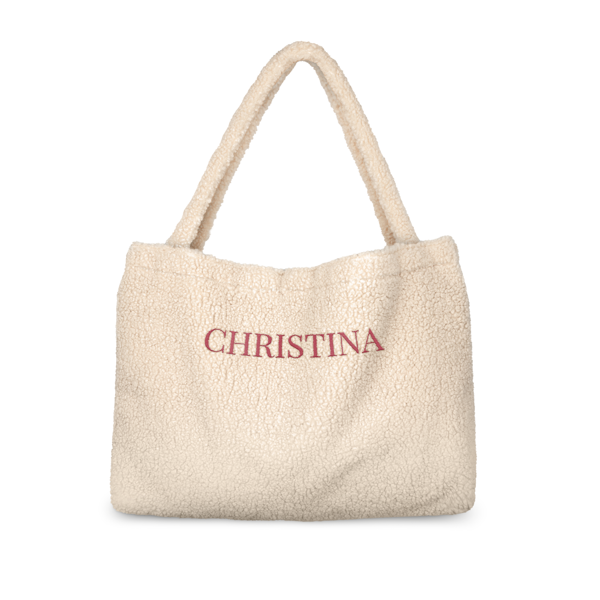Morbida borsa teddy color crema ricamata con il nome CHRISTINA in rosso per sorprendere una persona speciale