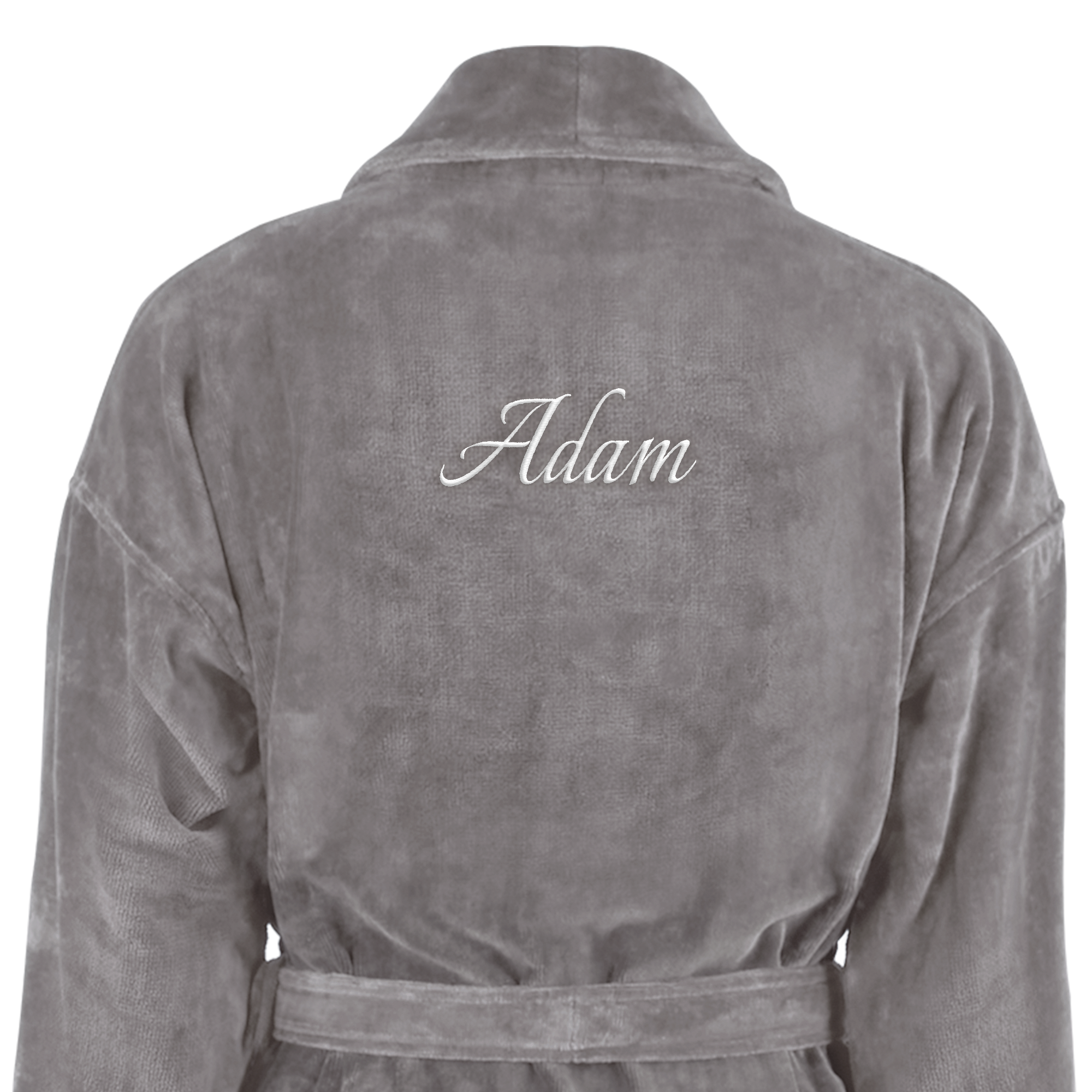 Grey L/XL bathrobe for men with embroidered text Adam on the back, customizable with any name.