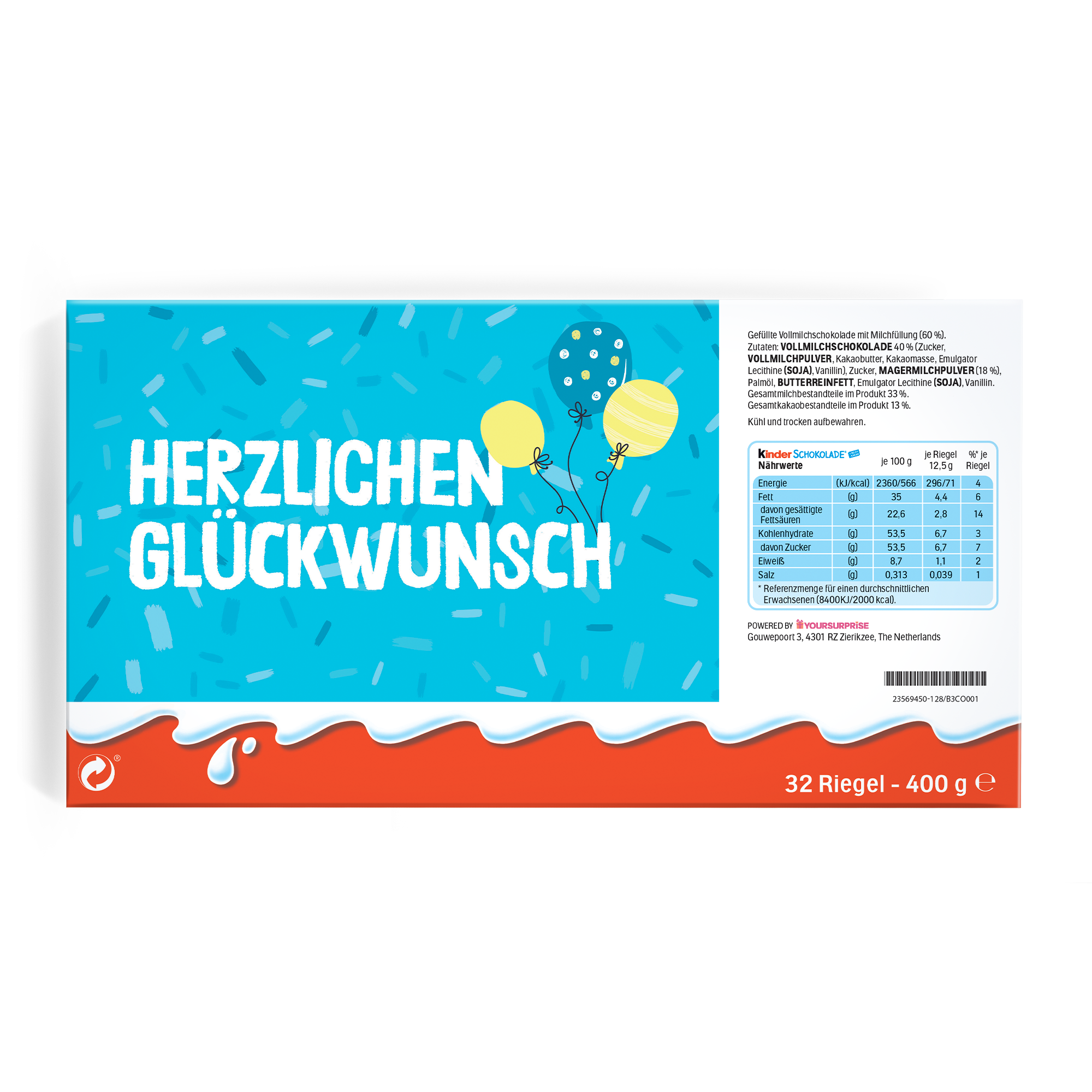 Mega Kinder Schokolade mit Namen, 400 Gramm, personalisiert mit Gruß Herzlichen Glückwunsch und Ballons.
