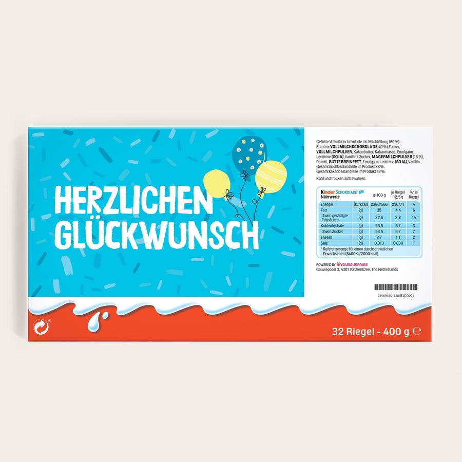 Mega kinder Schokolade mit Foto und Namen Mega Kinder Schokolade mit Namen, 400 Gramm, personalisiert mit Gruß Herzlichen Glückwunsch und Ballons.