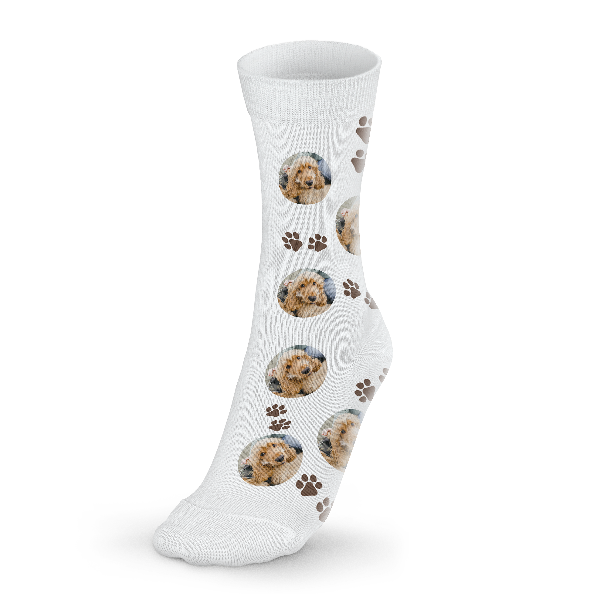 Șosete personalizate albe, imprimate cu fotografii repetate de cățeluși Golden Retriever și amprente maro de lăbuțe.