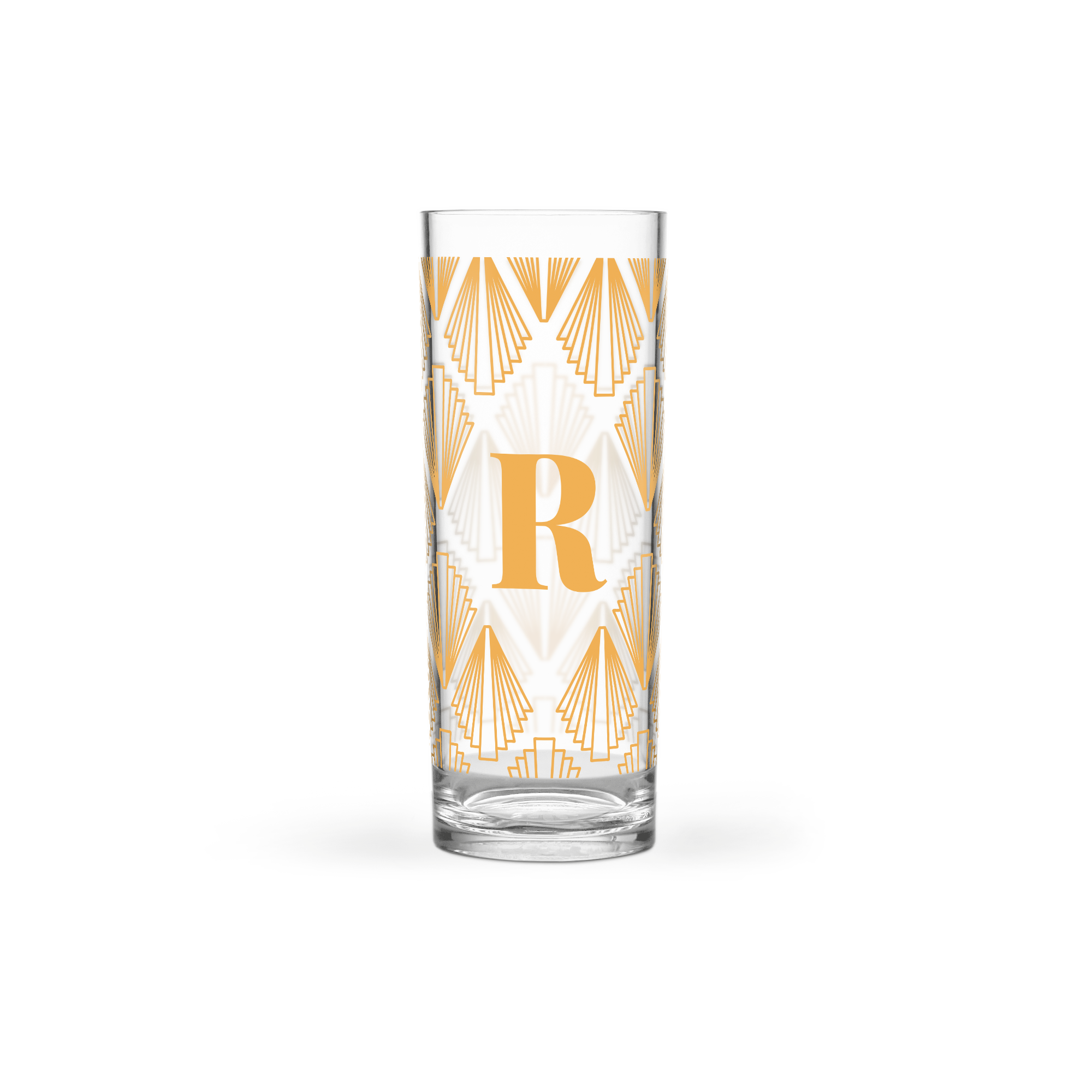 Longdrinkglas bedrukt met gouden art deco patroon en de letter R, personaliseer een longdrinkglas met jouw unieke boodschap