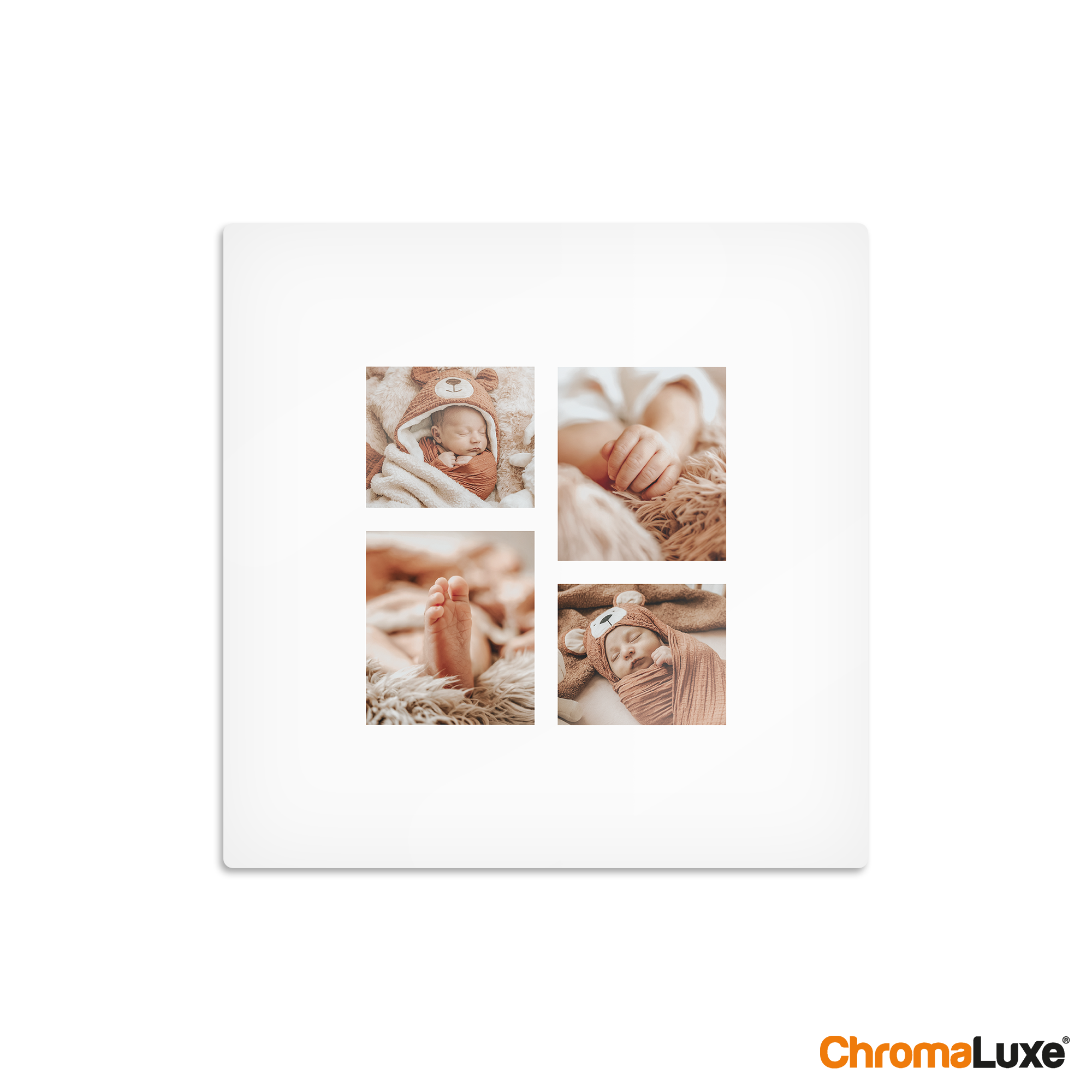 Chromaluxe aluminiumsfotoprint med fire personaliserte bilder av en sovende baby.