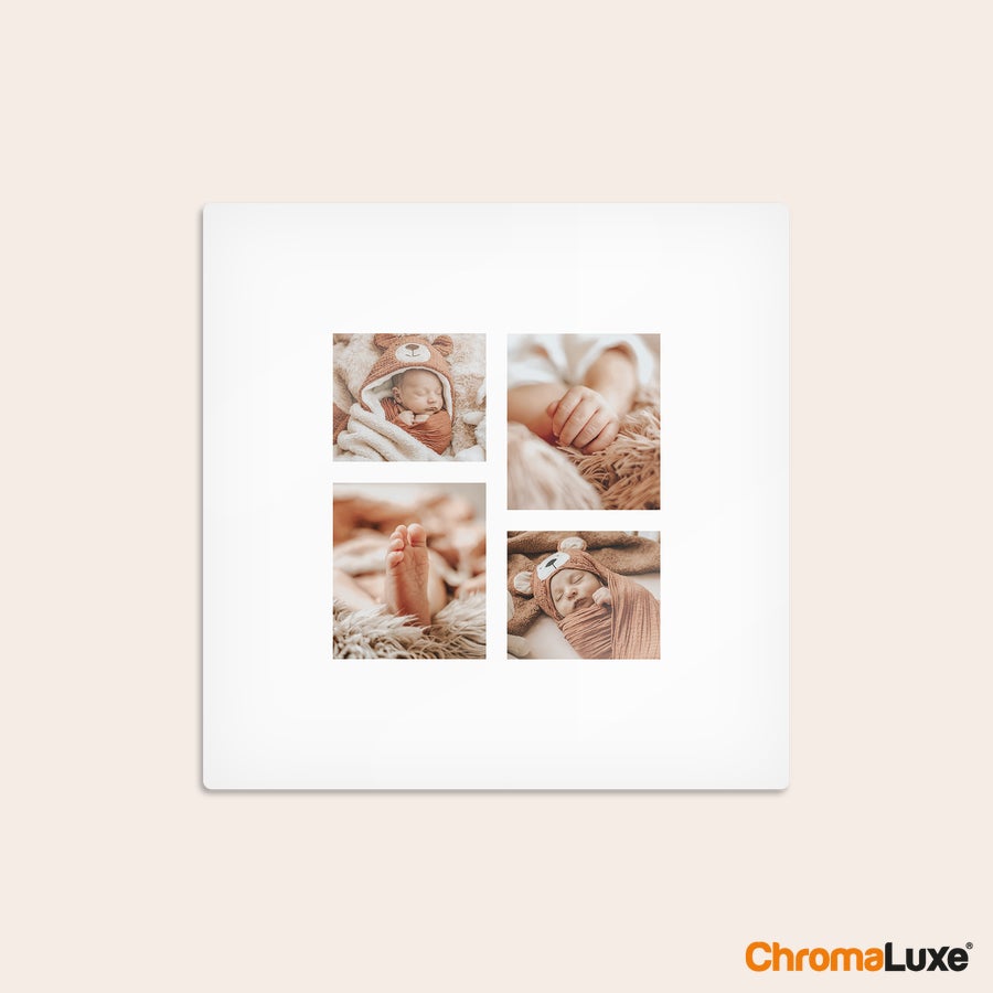 Foto afdrukken op aluminium ChromaLuxe aluminium fotopaneel bedrukt met een collage van 4 babyfoto's als origineel cadeau