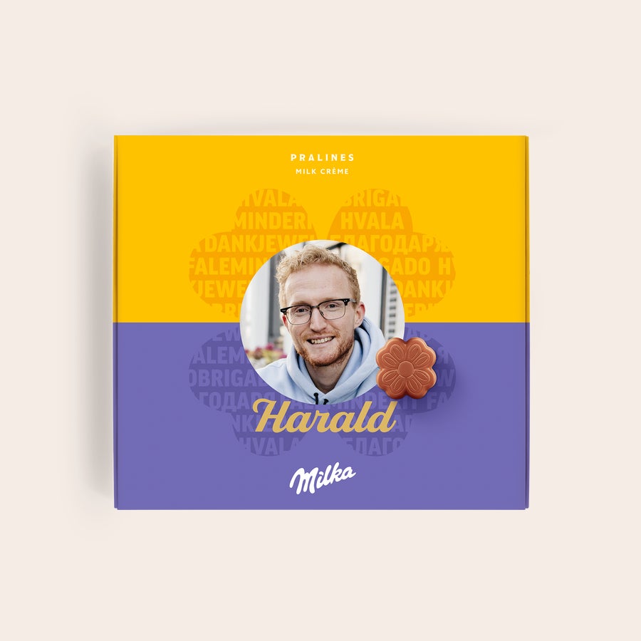 Milka Pralines Takk En personlig Milka gaveeske med "Harald" og et bilde, trykt i full farge, med en Milka sjokolade.