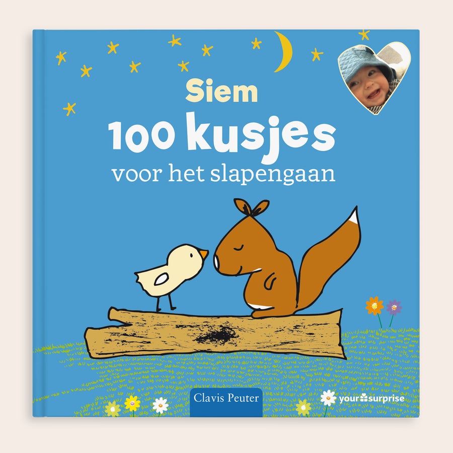 Boek "100 kusjes voor het slapengaan" met naam Welterusten! Een zacht en aandoenlijk boekje voor het slapengaan met naam Siem en gepersonaliseerde foto, met Kuikentje en eekhoorn.