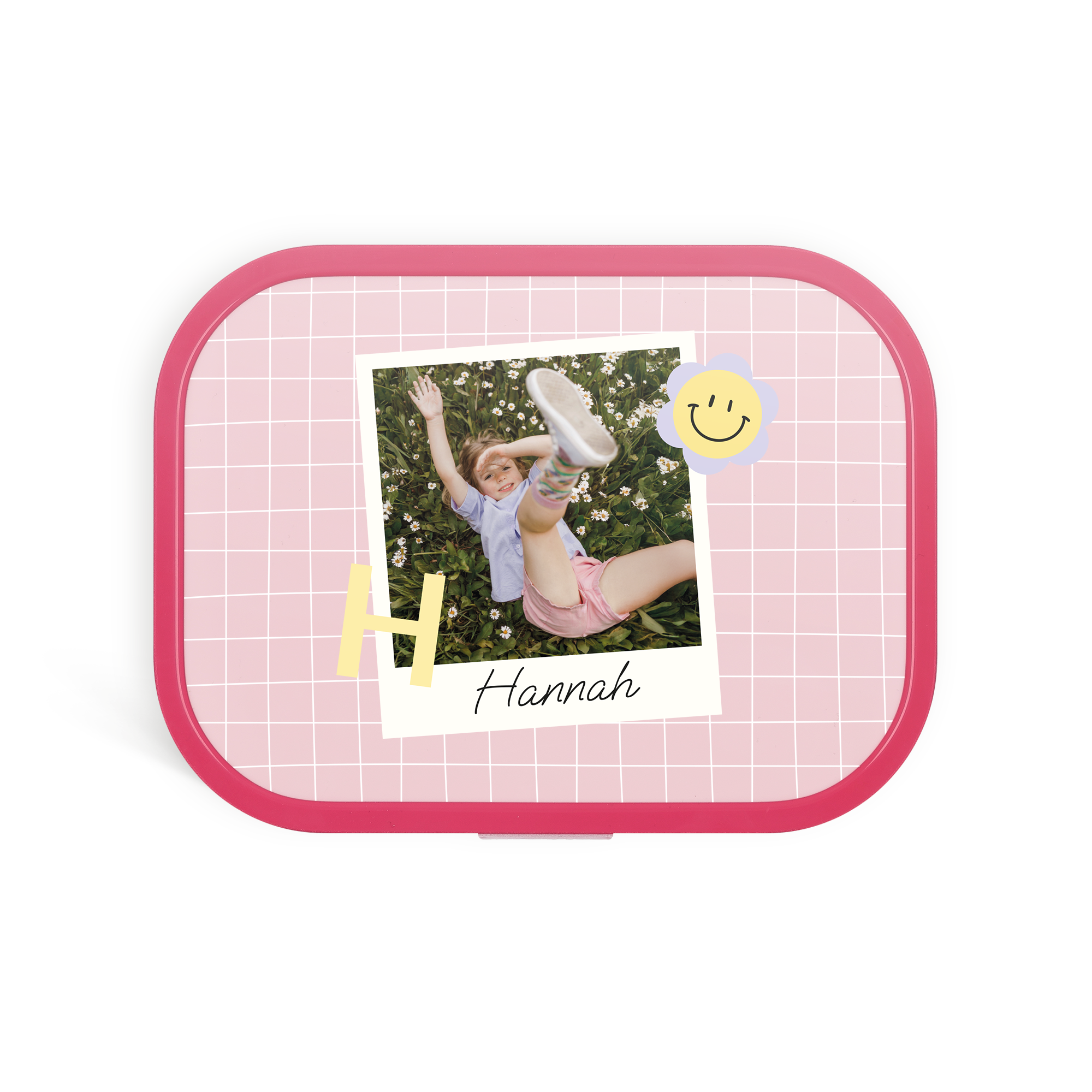 Lunchbox Mepal rosa personalizzata con foto di una bambina e nome Hannah stampato sul coperchio per rendere speciale l'ora di pranzo