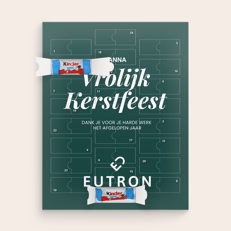kinder chocolade adventskalender Gepersonaliseerde adventskalender gevuld met kinder Mini chocola. Het ontwerp is bedrukt met de naam Anna, de tekst Vrolijk Kerstfeest en de slogan Tel smullend af tot Kerstmis.
