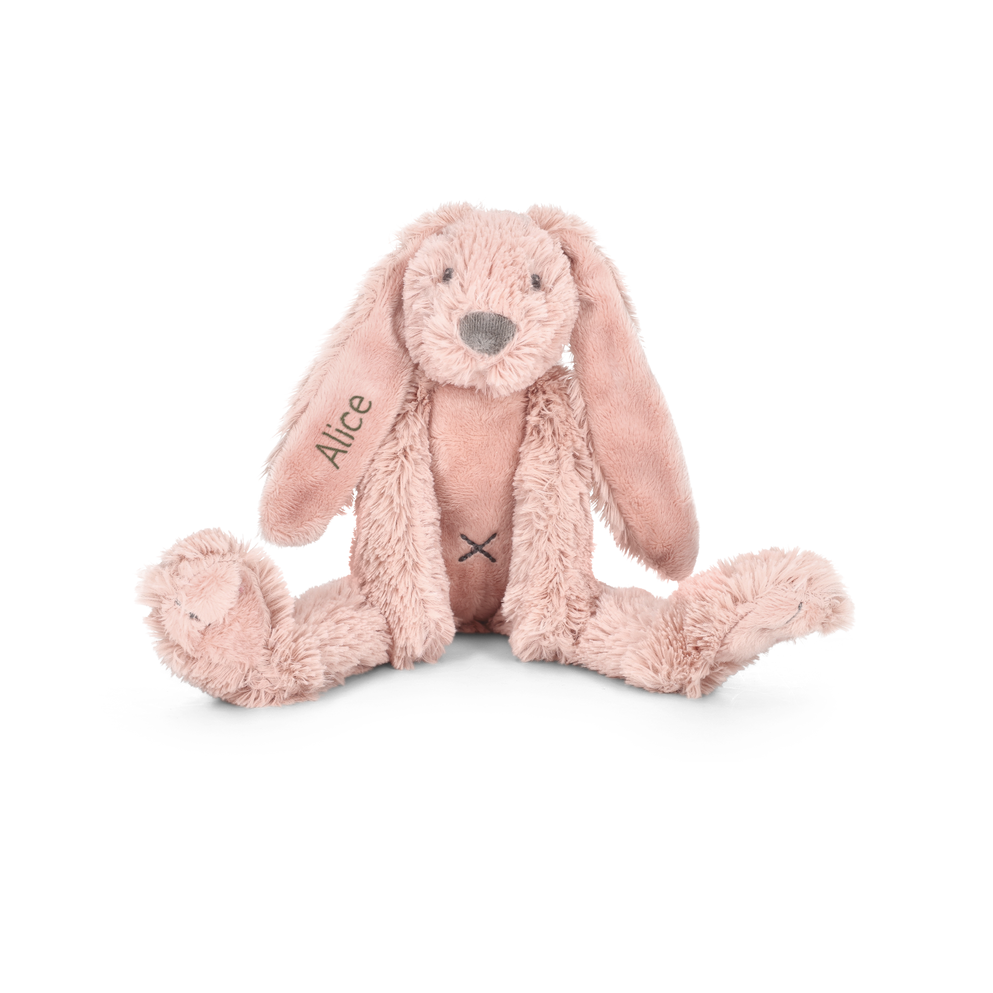 Peluche personalizado Tiny Rabbit Richie rosa con nombre Alice bordado en la oreja.