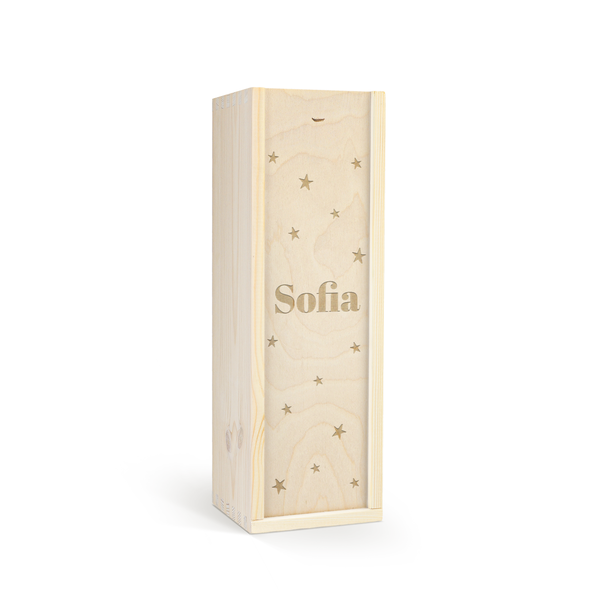 Personalized non-alcoholic children's champagne in a wooden box laser engraved with the name Sofia and stars