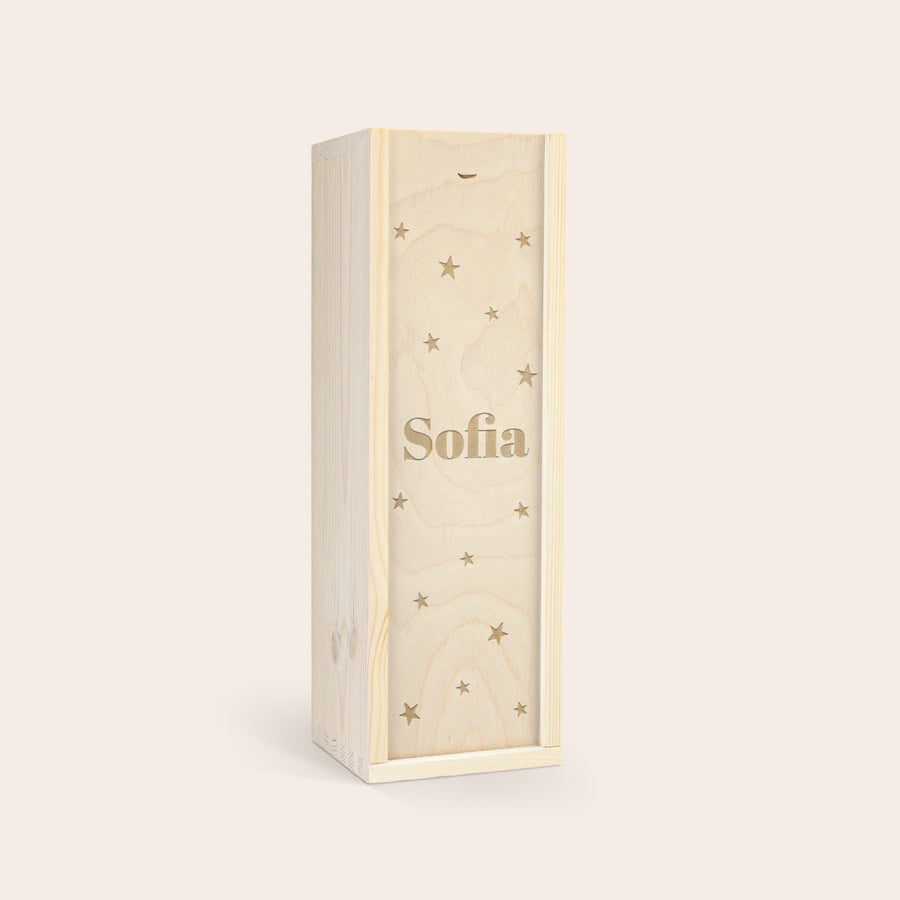Personalised Children's Bubbly - Kidibul Personalized non-alcoholic children's champagne in a wooden box laser engraved with the name Sofia and stars