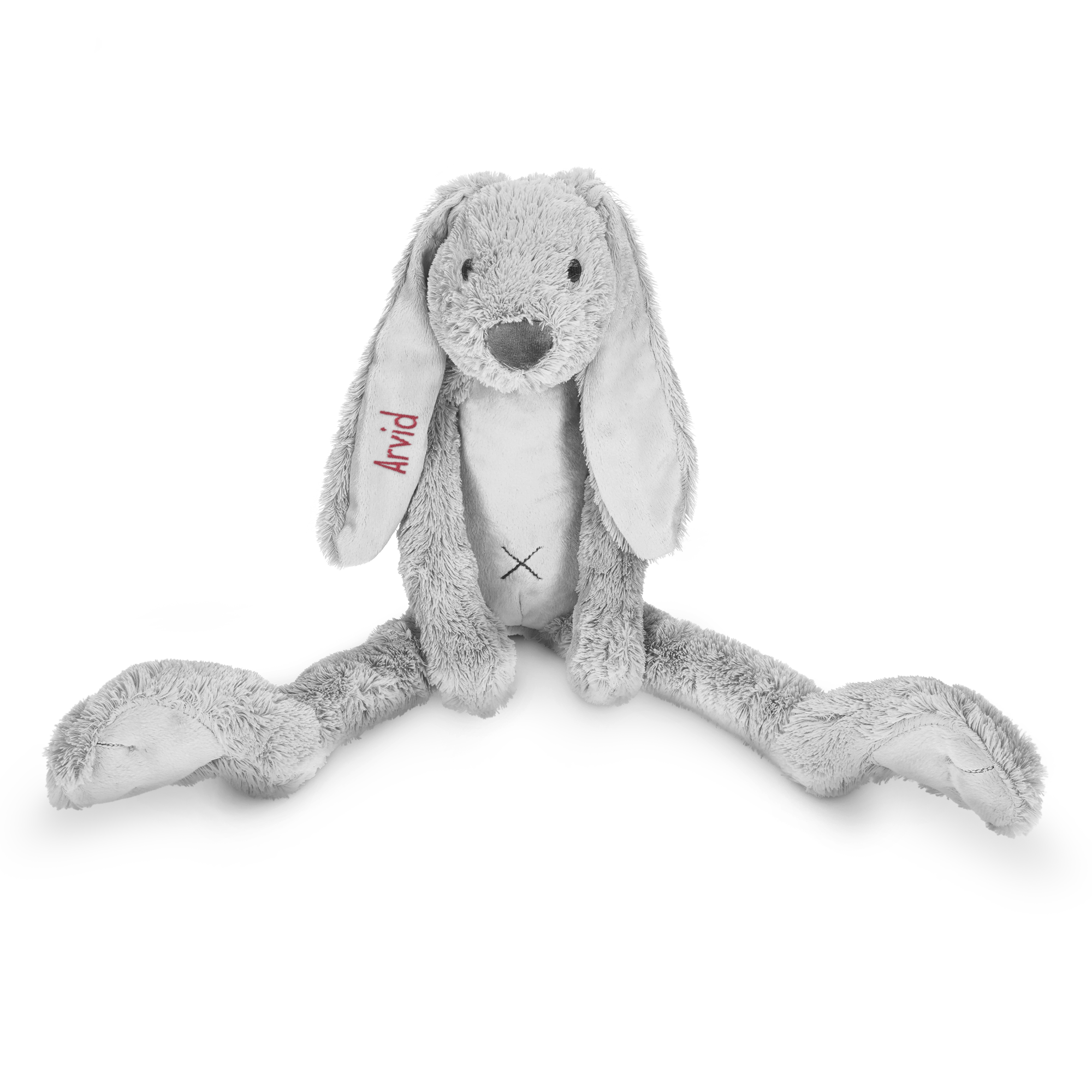 Grå Rabbit Richie gosedjur med namnet Arvid broderat i rött på ena örat, en perfekt personlig gåva
