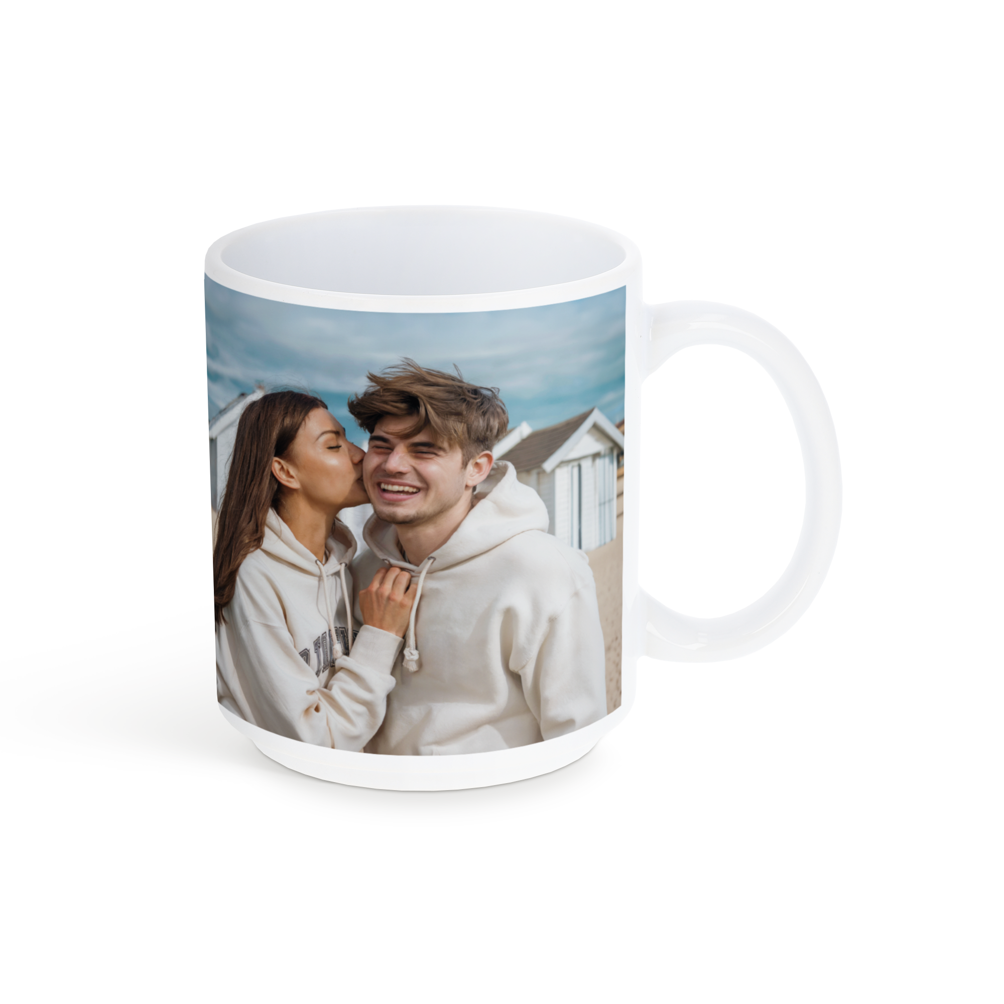 White stackable photo mug with a custom printed image of a woman kissing a man on the cheek