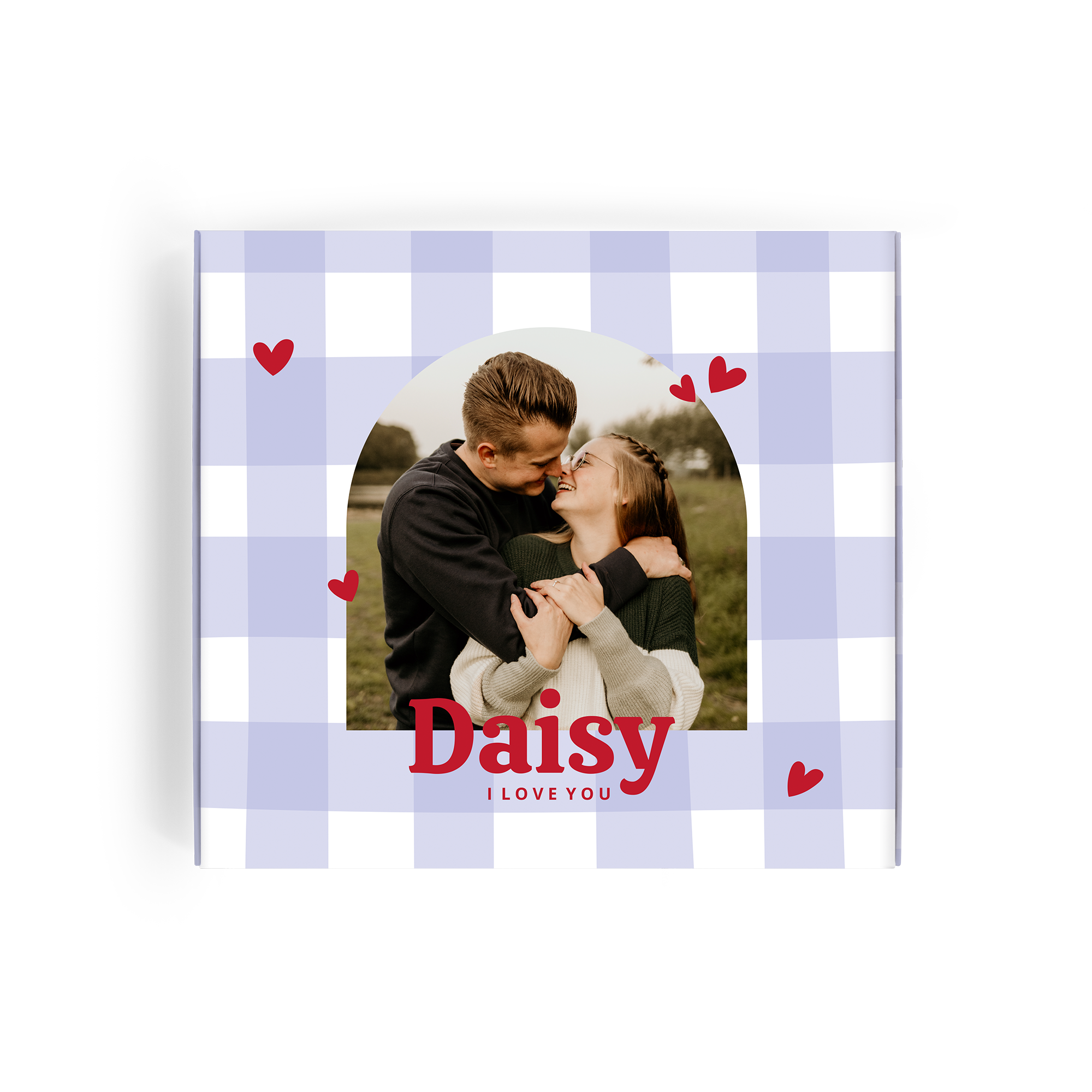 Personlig Milka-gaveeske med trykt bilde av et par, navn "Daisy" og teksten "I LOVE YOU".