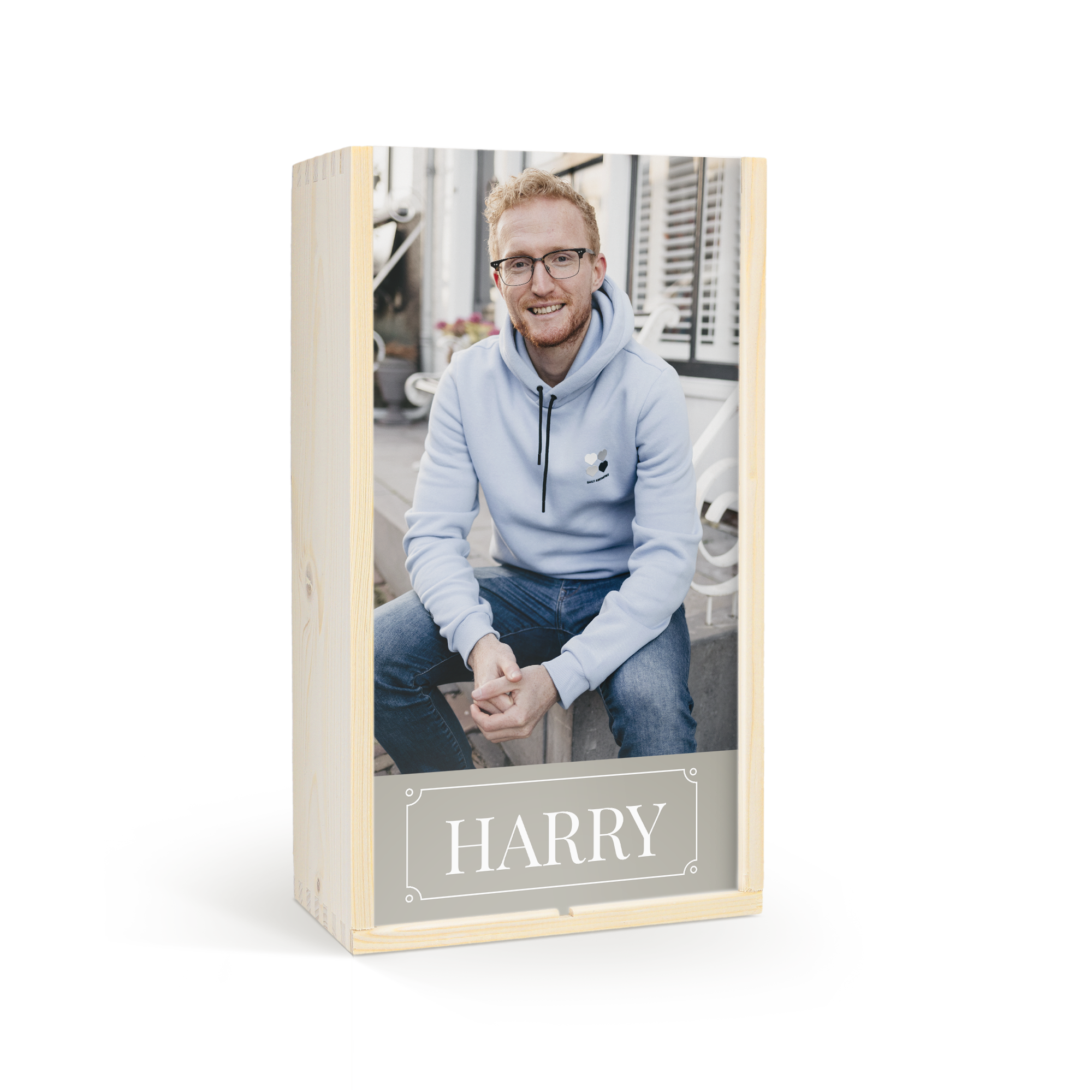 Caisse en bois personnalisée pour Whisky Gentleman Jack, avec prénom Harry et photo imprimée
