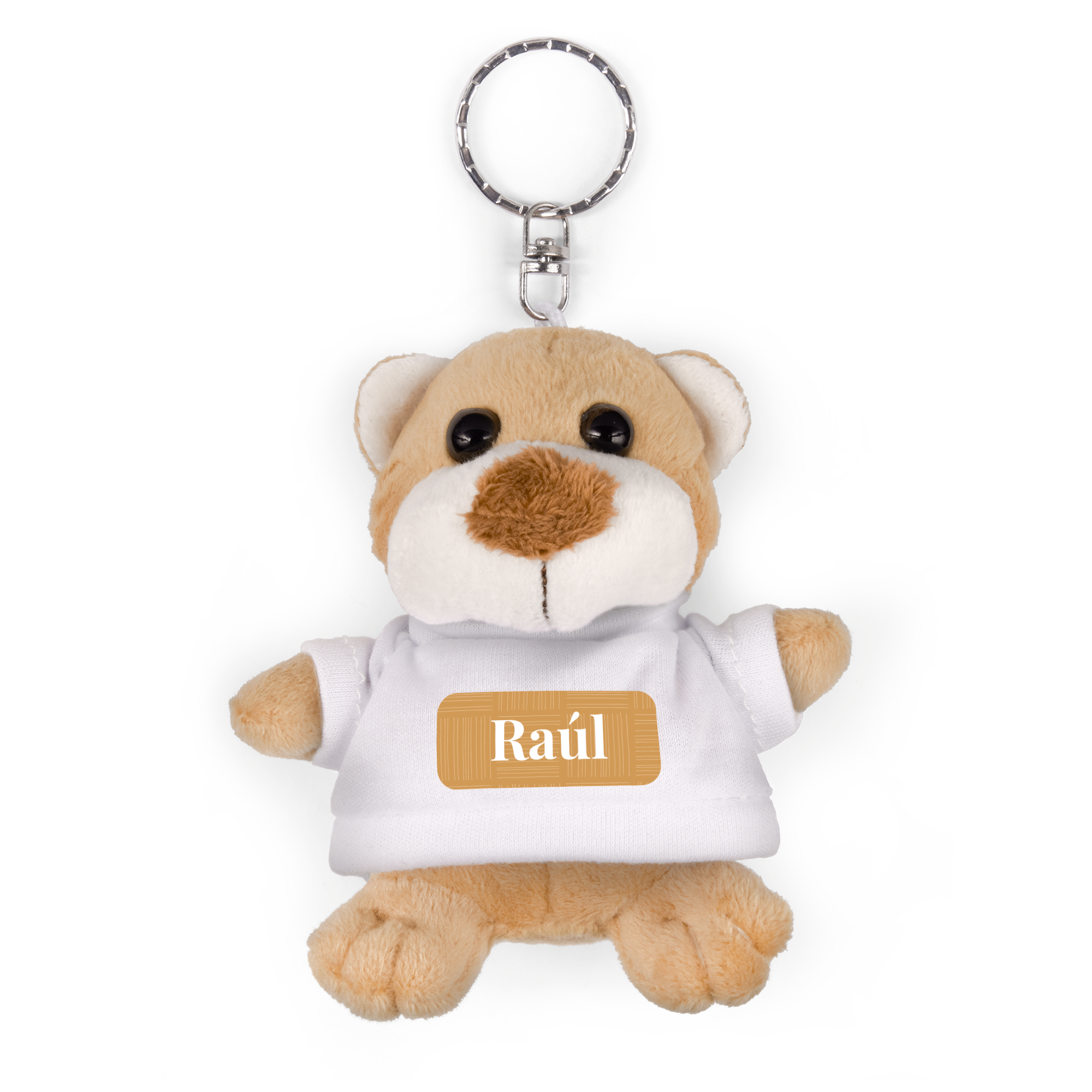 Chaveiro de urso de pelúcia com nome Raúl impresso em camiseta branca