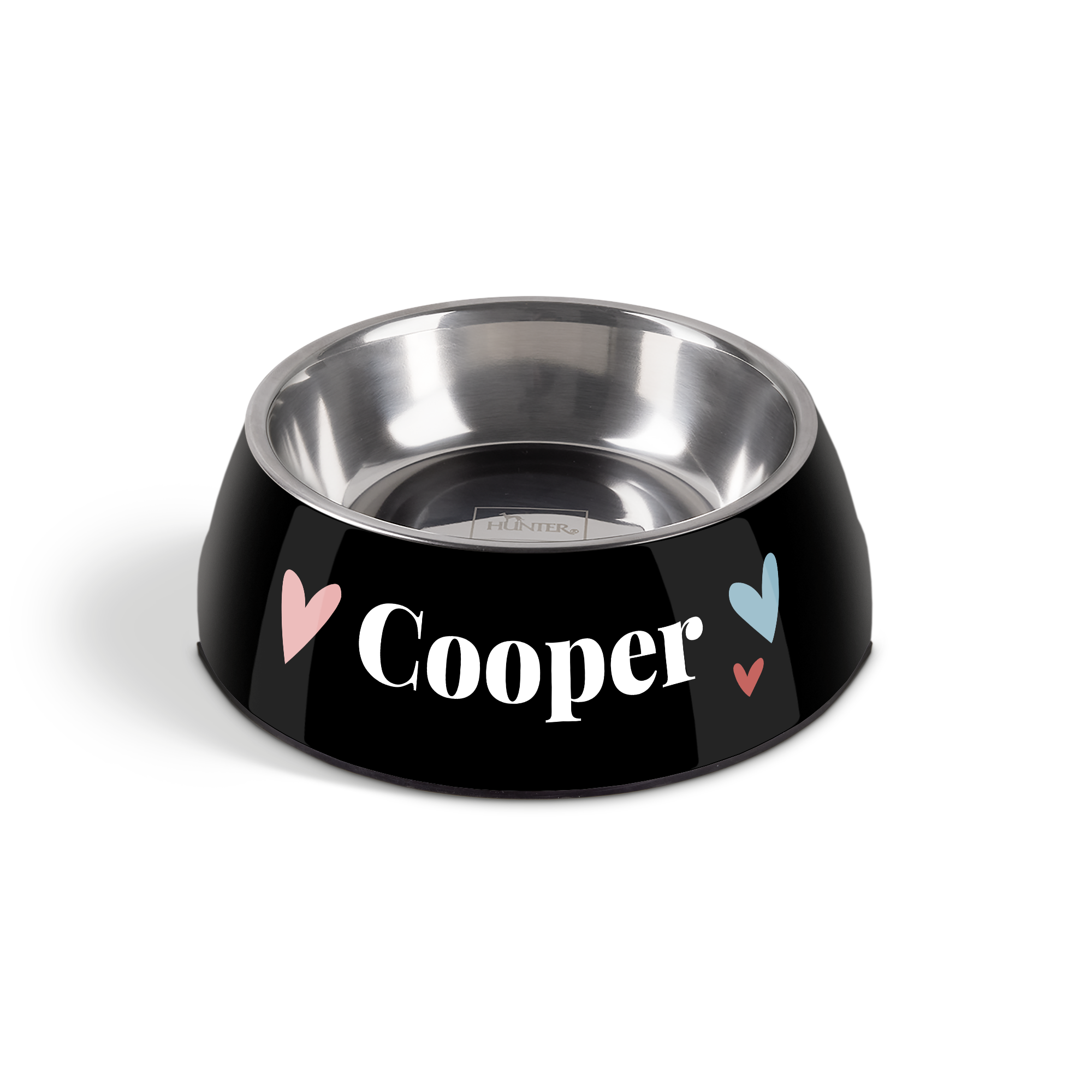 Tigela de alimentação pessoal preta para cães, com o nome Cooper impresso em branco e corações coloridos.